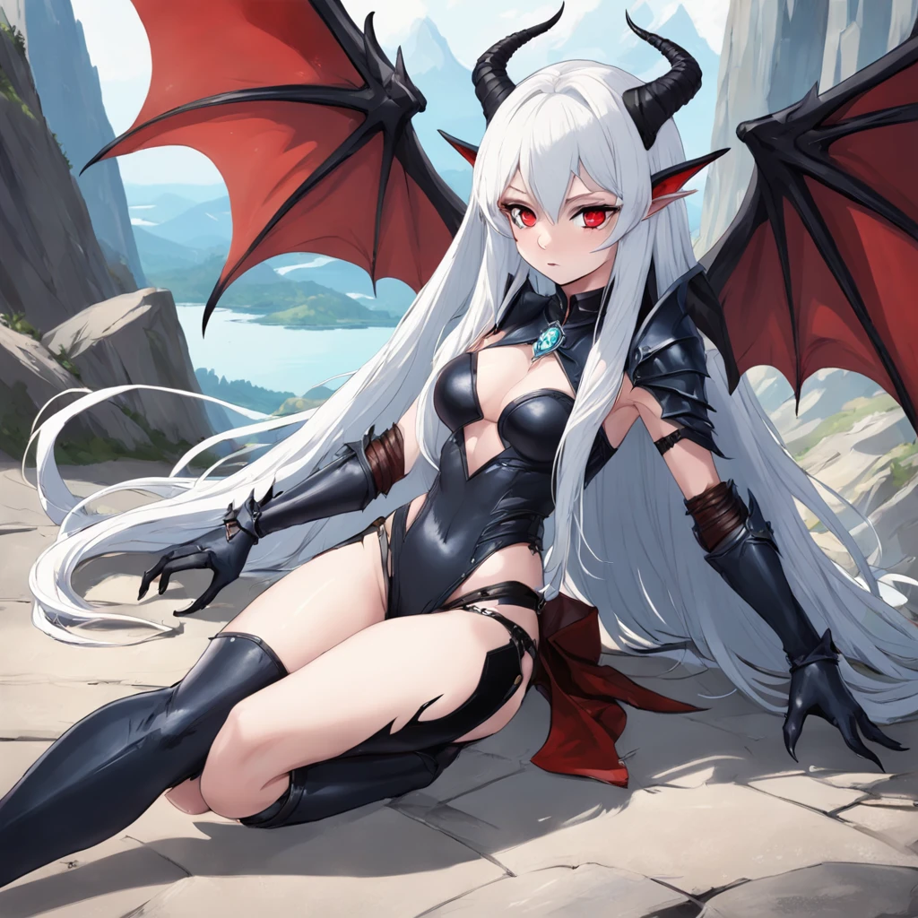 one woman, White skin, long white hair, one red lock of hair on the right side, (two thin and long black horns slightly curved inside, one blue eye and one brown eye,  two small red dragon's wings, elf ears, dressed in skintight black leather, knee high black leather heeled boots, big brest, sitting on a "dragon's skull, full body,