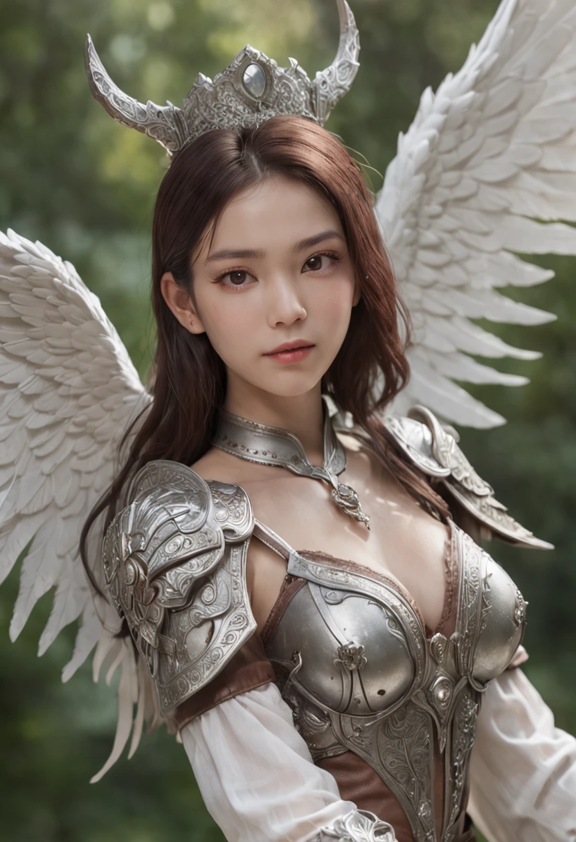hyper HD, Anatomically correct, retinas, Super detail, Award-Awarded, Best quality, High details, Textured skin, Masterpiece, ccurate, High quality, A high resolution, 8K，1girl in, 独奏, offcial art, Unity 8k wallpaper, ultra - detailed, prettify、Aesthetic, tmasterpiece, top-quality, Photorealsitic, A female angel、It has 6 large glowing white wings on its back:2.0、Wings of a bird of prey、Blazing Angel、Silver armor:2.0、Glow-in-the-dark imprint，Glow-in-the-dark imprint，Silver gauntlet、Silver Solette、White fabric、Hair ornaments with small wings、Valkyrie、Very large wide sword、Glowing angel circle、angelic halo:2.0、Light magic、depth of fields, Fantastic atmosphere, calm color palette, Soft Shading、You can see the forest in the distance、See remote mountain castles、ellegance、Full body like、busty figure、Large full breasts、wide waist、Floating in the air:2.0、Flying in the sky:2.0、Fry high in the air、Sky on the steppe、You can see the castle on the hill in the distance