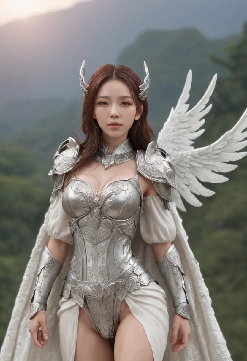 hyper HD, Anatomically correct, retinas, Super detail, Award-Awarded, Best quality, High details, Textured skin, Masterpiece, ccurate, High quality, A high resolution, 8K,1girl in, 独奏, offcial art, Unity 8k wallpaper, ultra - detailed, prettify、Aesthetic, tmasterpiece, top-quality, Photorealsitic, A female angel、It has 6 large glowing white wings on its back:2.0、Wings of a bird of prey、Blazing Angel、Silver armor:2.0、Glow-in-the-dark imprint,Glow-in-the-dark imprint,Silver gauntlet、Silver Solette、White fabric、Hair ornaments with small wings、Valkyrie、Very large wide sword、Glowing angel circle、angelic halo:2.0、Light magic、depth of fields, Fantastic atmosphere, calm color palette, Soft Shading、You can see the forest in the distance、See remote mountain castles、ellegance、Full body like、busty figure、Large full breasts、wide waist、Floating in the air:2.0、Flying in the sky:2.0、Fry high in the air、Sky on the steppe、You can see the castle on the hill in the distance
