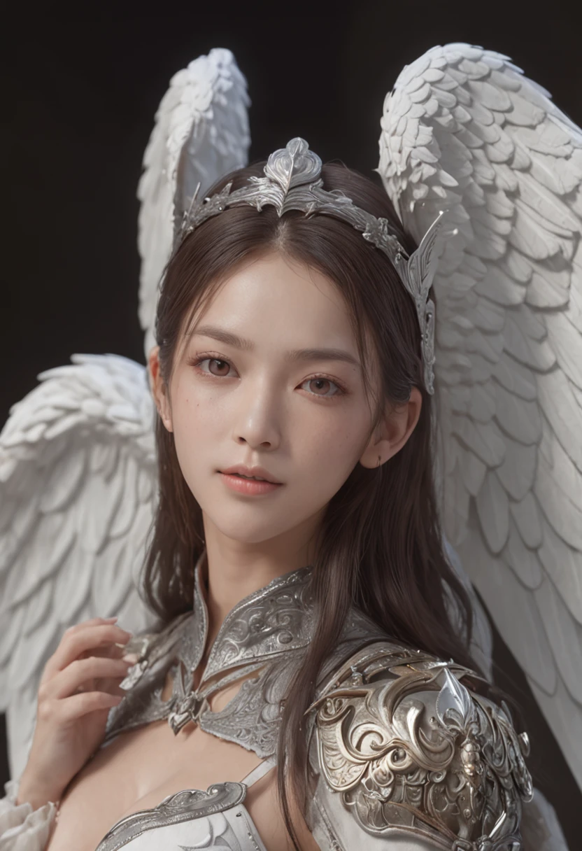 hyper HD, Anatomically correct, retinas, Super detail, Award-Awarded, Best quality, High details, Textured skin, Masterpiece, ccurate, High quality, A high resolution, 8K,1girl in, 独奏, offcial art, Unity 8k wallpaper, ultra - detailed, prettify、Aesthetic, tmasterpiece, top-quality, Photorealsitic, A female angel、It has 6 large glowing white wings on its back:2.0、Wings of a bird of prey、Blazing Angel、Silver armor:2.0、Glow-in-the-dark imprint,Glow-in-the-dark imprint,Silver gauntlet、Silver Solette、White fabric、Hair ornaments with small wings、Valkyrie、Very large wide sword、Glowing angel circle、angelic halo:2.0、Light magic、depth of fields, Fantastic atmosphere, calm color palette, Soft Shading、You can see the forest in the distance、See remote mountain castles、ellegance、Full body like、busty figure、Large full breasts、wide waist、Floating in the air:2.0、Flying in the sky:2.0、Fry high in the air、Sky on the steppe、You can see the castle on the hill in the distance