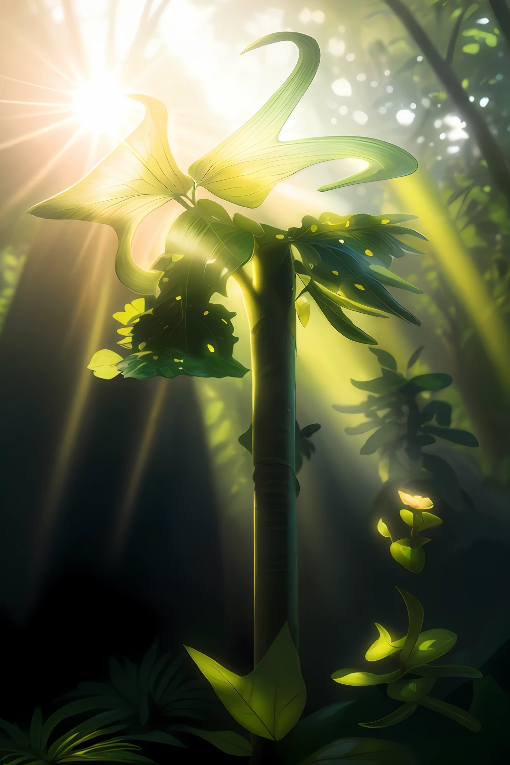 forest, Sunlight, Shimmering, Green, god light, leafs, Flowers, water, waterfallr, jungles, tropical, Detailed eyes, hyper-high detail, Masterpiece, illusory engine, 8K, Ultra high quality, Fairy tale illustration, Bright colors, fantasy, concept-art, Digital art, Colorful