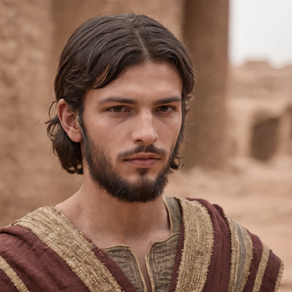 (melhor qualidade: 1.4), (ultra highres: 1.2), (fotorrealista: 1.4), (8k, foto RAW: 1.2),Daniel, a young Hebrew in the period of the Babylonian captivity, had a distinguished appearance with Semitic features, olive skin and dark hair. He dressed modestly, wearing tunics typical of the time. In the historic-cultural setting of Babylon, during the rule of King Nebuchadnezzar, realistic image