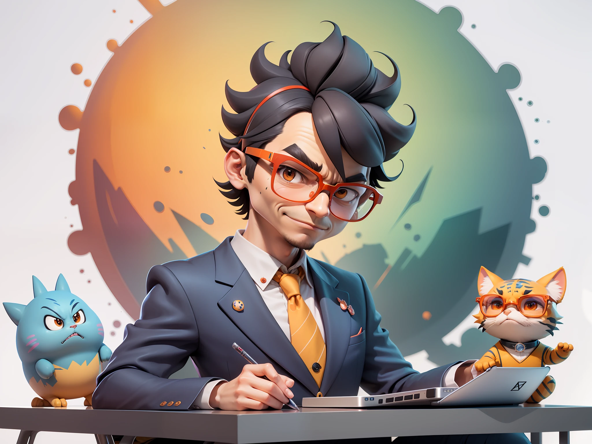 A young man in a suit, Short hair and glasses sat at his desk，holding laptop，digitial painting，tigre，3D character design by Mark Clairen and Pixar and Hayao Miyazaki and Akira Toriyama，4K HD illustration，Very detailed facial features and cartoon-style visuals。