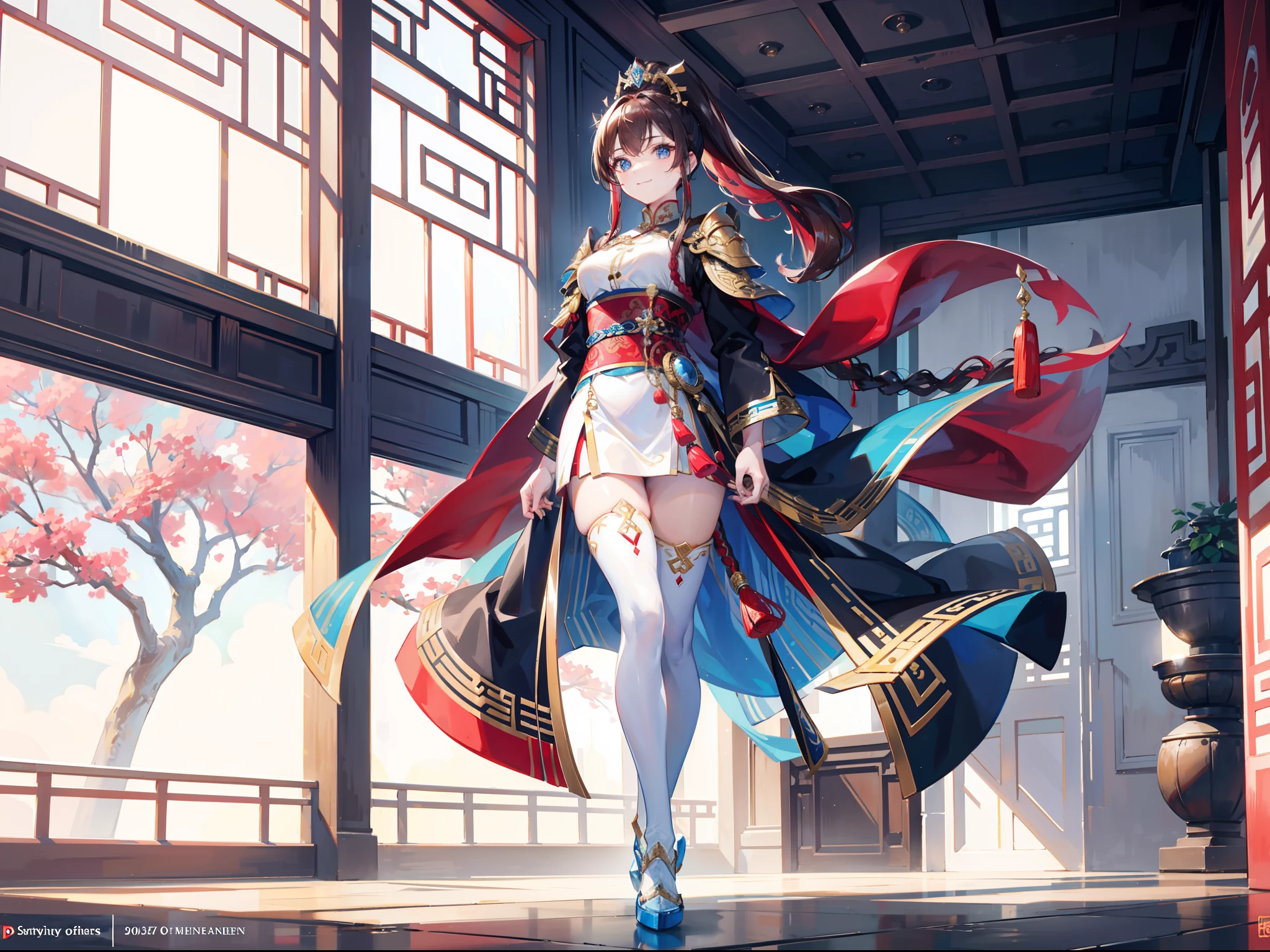 Brunette beauty,High ponytail,Soaring braids,Wears a red hairpin,,Brown pupils,Wearing black underwear,Wear a long blue-blue cloak,Chinese style blue armor,white sash,white stockings,Gold crystal shoes,Holding a white, cyan, and red spear,valkyrie,Extremely tall,Standing in a Chinese-style courtyard,With a big smile on your face,Full body photo,Antique theme,Extremely tall