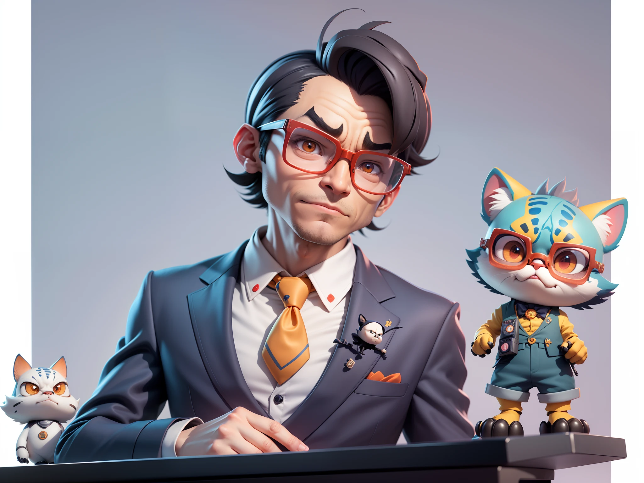A young man in a suit, Short hair and glasses sat at his desk，holding laptop，digitial painting，tigre，3D character design by Mark Clairen and Pixar and Hayao Miyazaki and Akira Toriyama，4K HD illustration，Very detailed facial features and cartoon-style visuals。