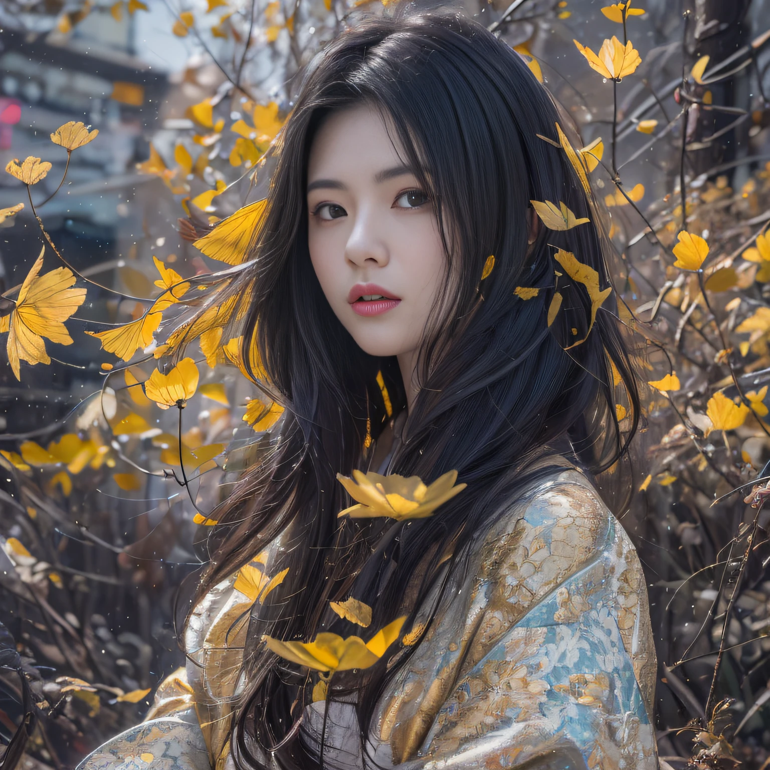 32K（tmasterpiece，k hd，hyper HD，32K）Long flowing black hair，ponds，zydink， a color，  Asian people （Silly girl）， （Silk scarf）， Combat posture， looking at the ground， long whitr hair， Floating hair， Carp pattern headdress， Chinese bright purple long-sleeved outfit， （abstract ink splash：1.2），Yellow ginkgo biloba background，Pink and white lotus flowers fly（realisticlying：1.4），Black color hair，Fallen leaves flutter，The background is pure， A high resolution， the detail， RAW photogr， Sharp Re， Nikon D850 Film Stock Photo by Jefferies Lee 4 Kodak Portra 400 Camera F1.6 shots, Rich colors, ultra-realistic vivid textures, Dramatic lighting, Unreal Engine Art Station Trend, cinestir 800，Long flowing black hair
