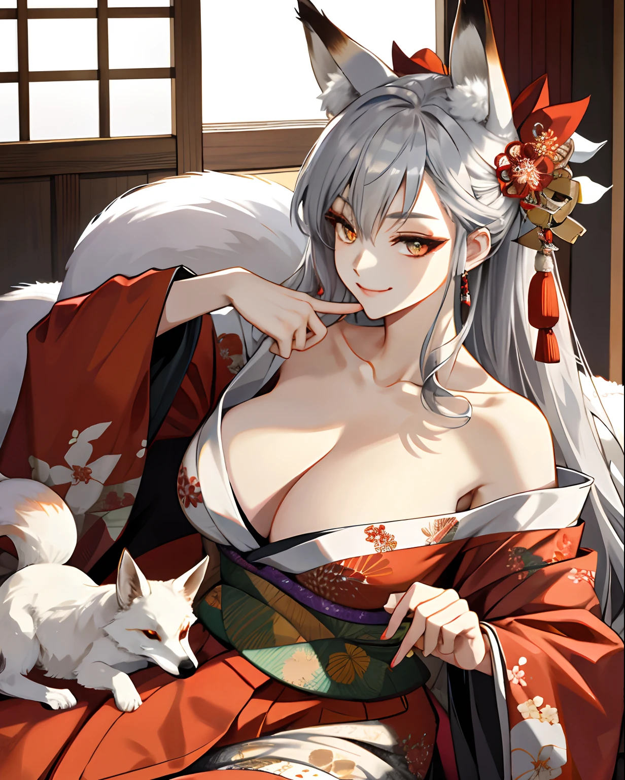 A Oiranzmasterpiece,solo ,nine pairs of long and large foxes, beautiful, top quality, cleavage, fantasy,long silver hair,hair pins,hair jewelry, Big boobs, big chest,elegant, attractive smirk ,fox ears, big ruby eyes,Traditional Japanese long dress (Kimono,exquisite, multi-layered)), red eyeliner on the lower lid,lying position, chin on hand ,bow ribbon tied at the neck,Evening scene of old Japan Edo period