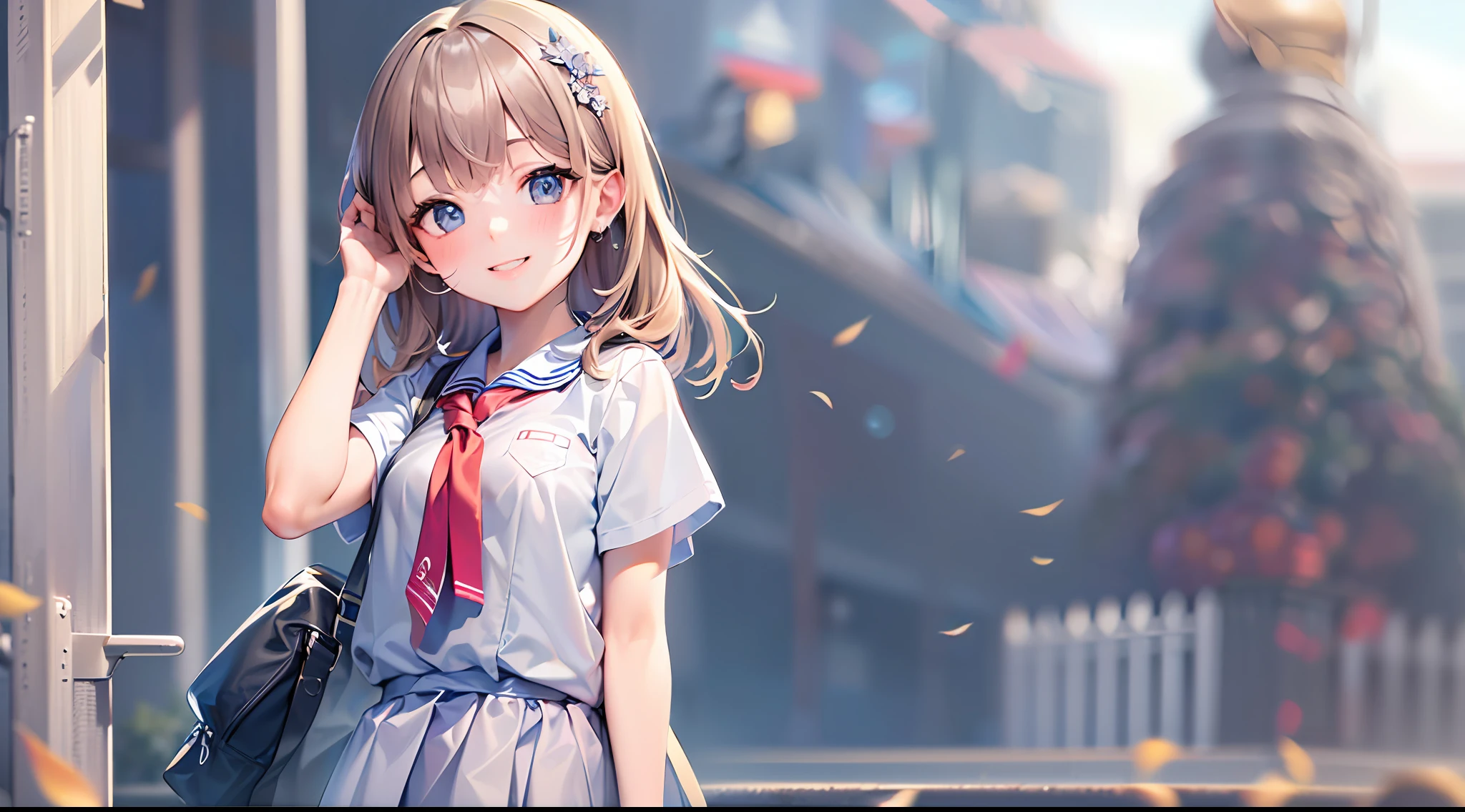 (masterpiece, best quality, ultra detail, high resolution, 8k, ultra high res, absurd resolution, absurd detailed, :1.3),, 1girl, beautiful face, smiling, (whole body:1.5), , translucent skin, school uniform,
