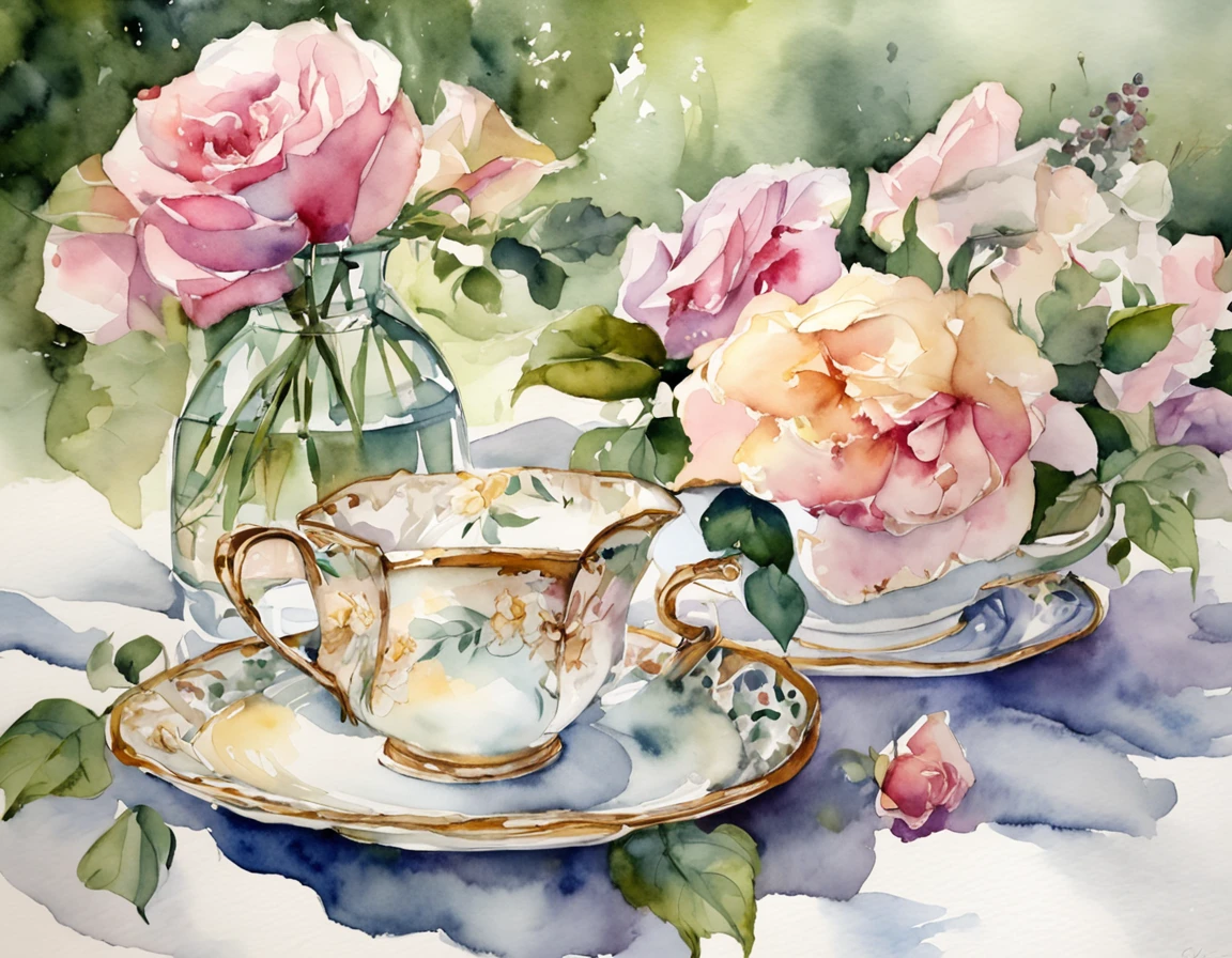 secret garden, lush, floral, white rose, botanical, romanticism, moody, tea, tea time, glass chairs, large conservatory, elegant dreamy watercolor style artwork