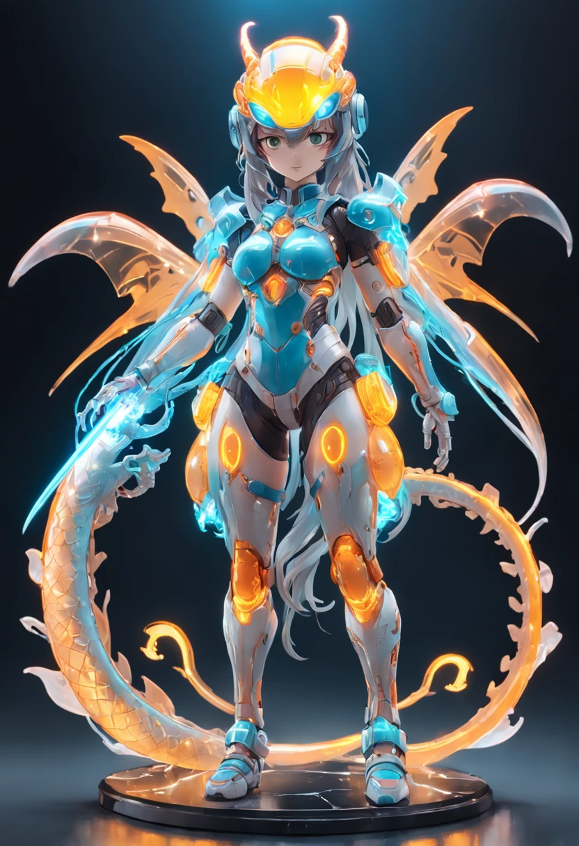 chinesedragon, (Blind box toy style:1.2), (Full body shot) , 1 Transparent girl,Behind him is a transparent Chinese dragon, Transparent mech, Exquisite helmet:1.2, Luminous goggles:1.2, Cyberpunk, dreamy glow, luminous neon lights, Clean, White background, ( Global illumination, Ray traching, hdr, unreal render,reasonable design, high detal, Masterpiece, Best quality, hyper HD, Cinematic lighting)