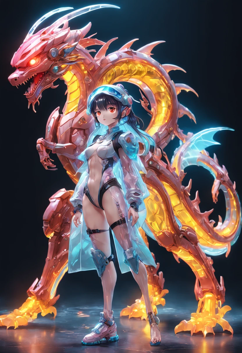 chinesedragon, (Blind box toy style:1.2), (Full body shot) , 1 Transparent girl,Behind him is a transparent Chinese dragon, Transparent mech, Exquisite helmet:1.2, Luminous goggles:1.2, Cyberpunk, dreamy glow, luminous neon lights, Clean, White background, ( Global illumination, Ray traching, hdr, unreal render,reasonable design, high detal, Masterpiece, Best quality, hyper HD, Cinematic lighting)
