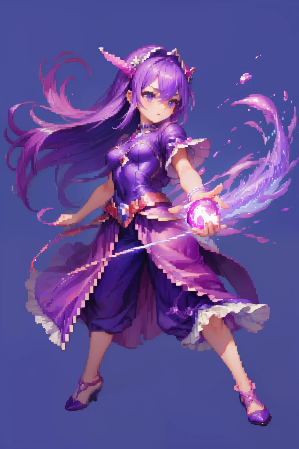 purpleish color、Jewel Girl、Pixel art、simple background、Capture to your feet、Pour out purple fire from your hands