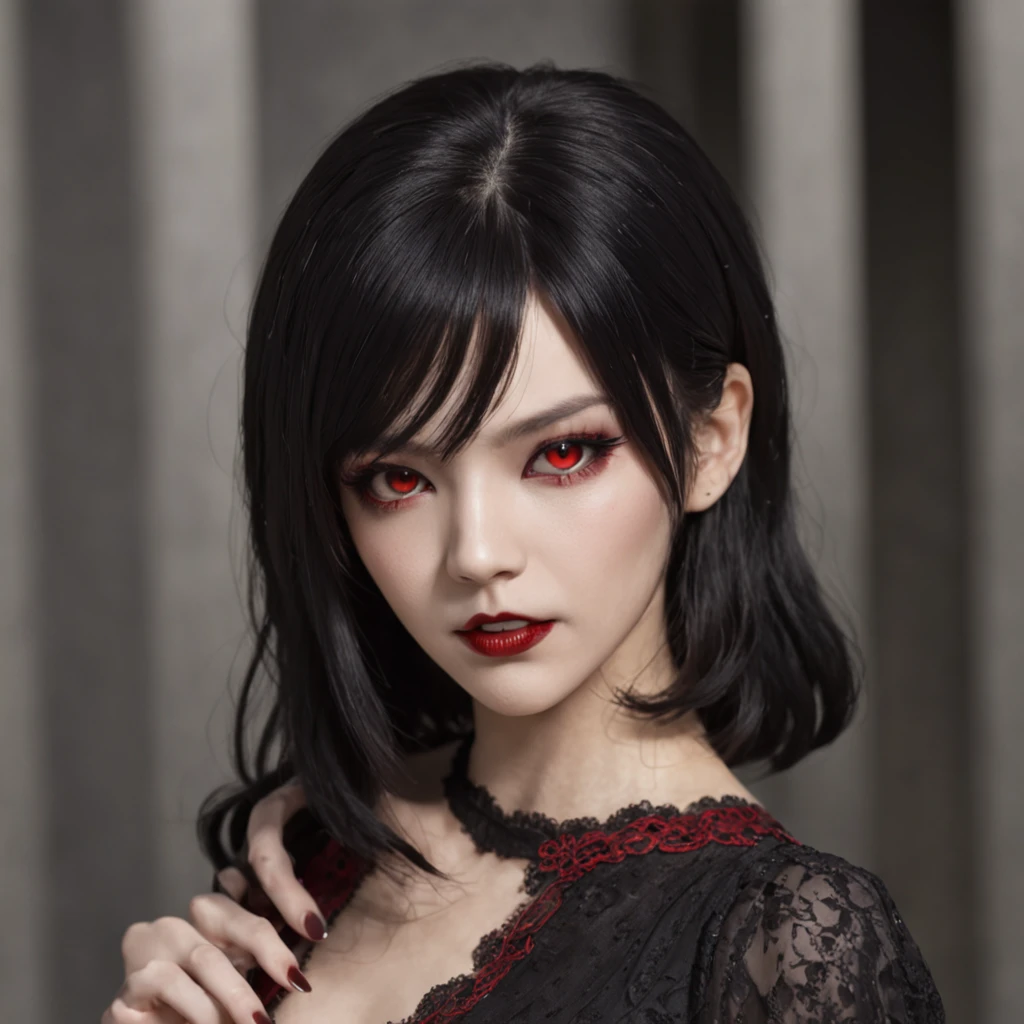 Beautiful female vampire with black hair bob cut, Red Eyes, A slightly open mouth has a glimpse of canines、Beautiful woman with long black hair with fangs on shiny neck、Bloody、Photorealsitic、highcontrast、masutepiece
