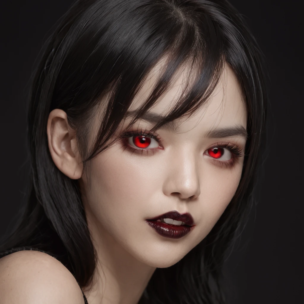 Beautiful female vampire with black hair bob cut, Red Eyes, A slightly open mouth has a glimpse of canines、Beautiful woman with long black hair with fangs on shiny neck、Bloody、Photorealsitic、highcontrast、masutepiece