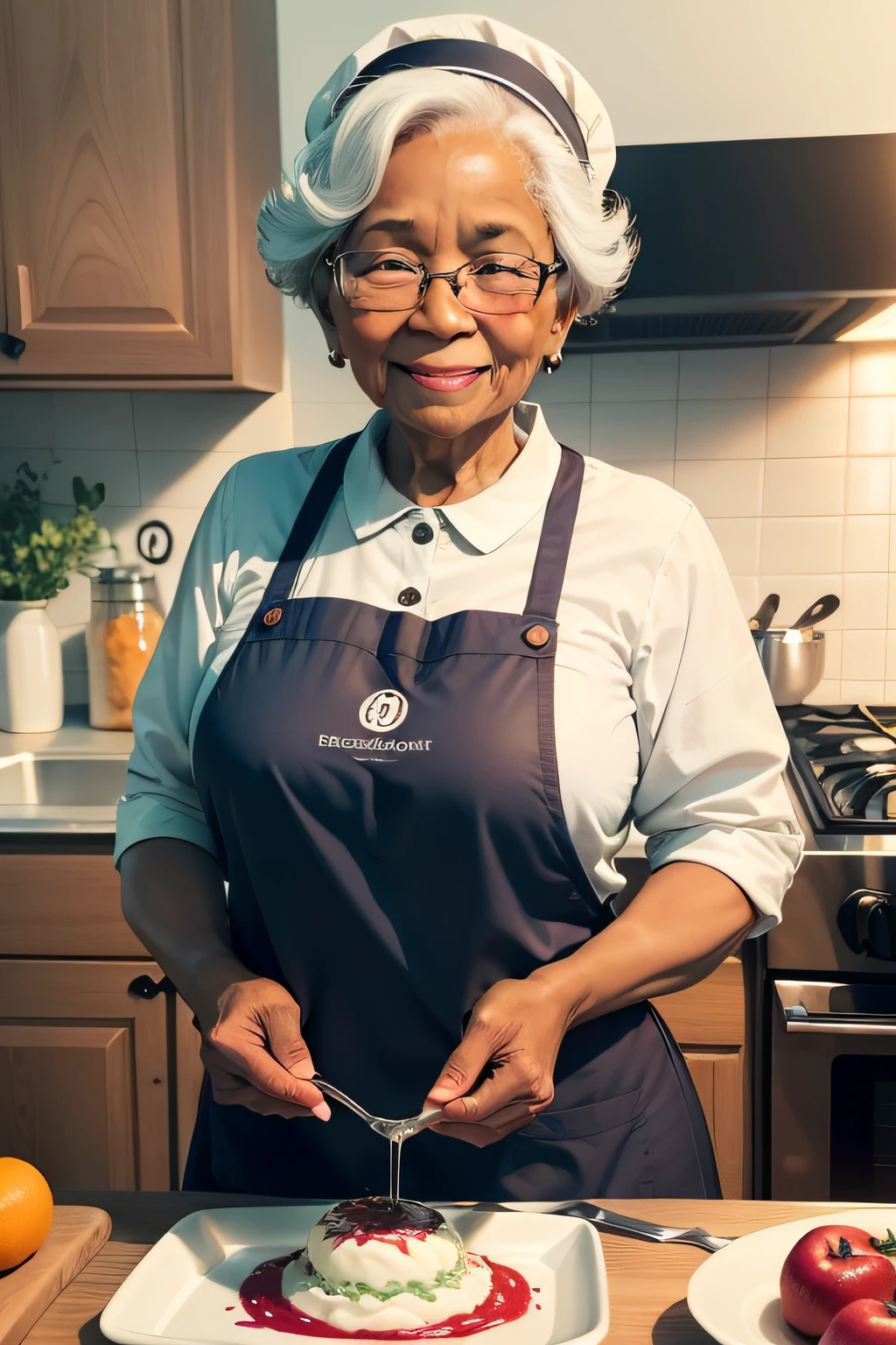 "Please create a cover image and logo for my Facebook page. I would like to portray a lovely and friendly black grandma wearing a colorful apron while cooking in her cozy kitchen. She is surrounded by fresh ingredients, utensils and kitchen and a welcoming atmosphere. Grandma has a warm smile and is preparing a delicious dish with love and dedication. The design should convey a sense of comfort, tradition and affection. Colors should be soft and inviting, and the style should be slightly cartoonish to enhance the cuteness of grandma and the scene. The logo should incorporate the same theme of grandma cooking and should be simple yet memorable. I look forward to your creativity!"