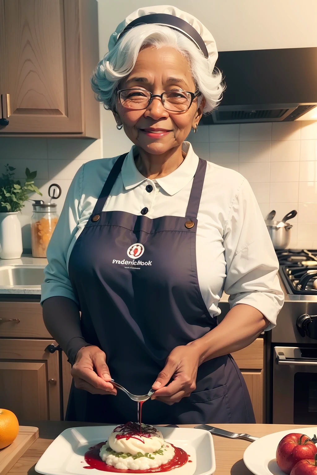 "Please create a cover image and logo for my Facebook page. I would like to portray a lovely and friendly black grandma wearing a colorful apron while cooking in her cozy kitchen. She is surrounded by fresh ingredients, utensils and kitchen and a welcoming atmosphere. Grandma has a warm smile and is preparing a delicious dish with love and dedication. The design should convey a sense of comfort, tradition and affection. Colors should be soft and inviting, and the style should be slightly cartoonish to enhance the cuteness of grandma and the scene. The logo should incorporate the same theme of grandma cooking and should be simple yet memorable. I look forward to your creativity!"