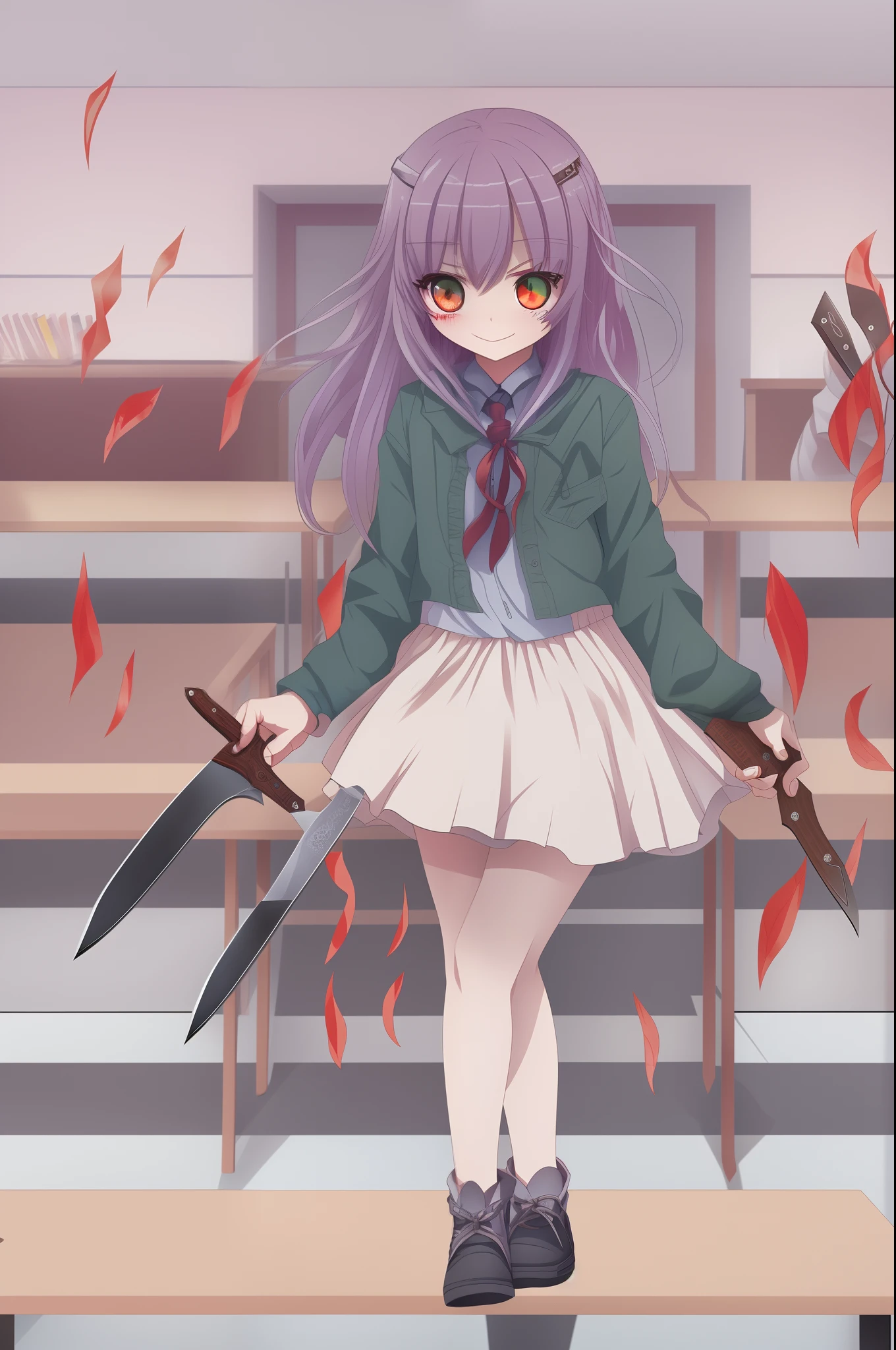 Unpleasant smile of a girl who loves knives in a school classroom、Niccoli holding a survival knife in one hand、Psychopath horror、Red-haired、Eye color is blue