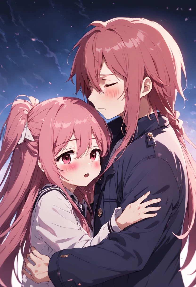 1boy, 1girl, 2girls, blush, brown_hair, closed_eyes, crying, hair_ornament, hairclip, hug, jacket, long_hair, pink_hair, sad, simple_background, tears