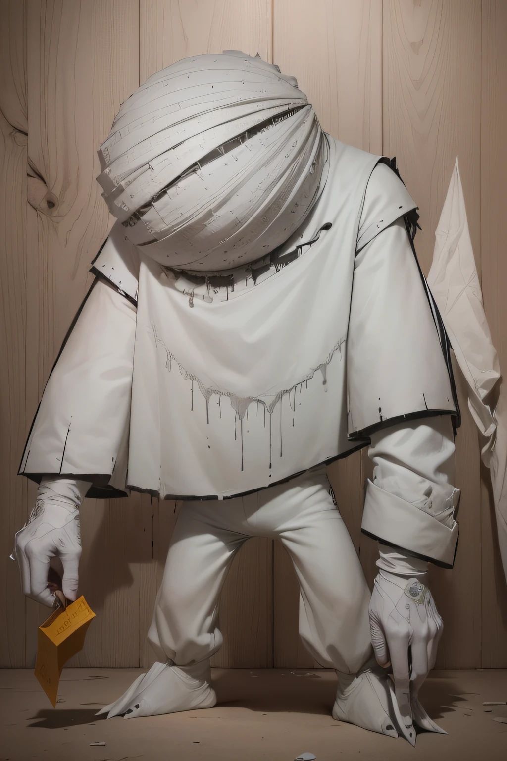 ((melhor qualidade)), ((obra-prima)), ((desenho realista)), ((Personagem perfeito)) Discomfort beyond the eyes, a bizarre-looking and completely patched up monster, his skin is all white. He wears a gray sheet that looks out of place. Their presence is disturbing and causes a feeling of discomfort.