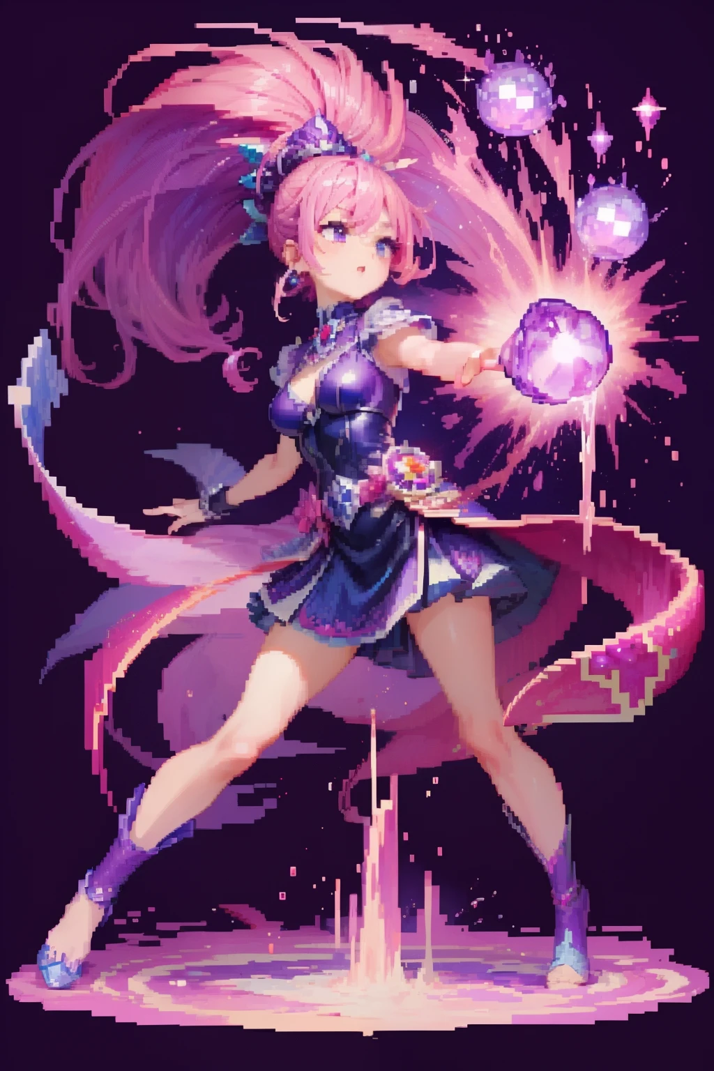 purpleish color、Jewel Girl、Pixel art、simple background、Capture to your feet、Pour out purple fire from your hands