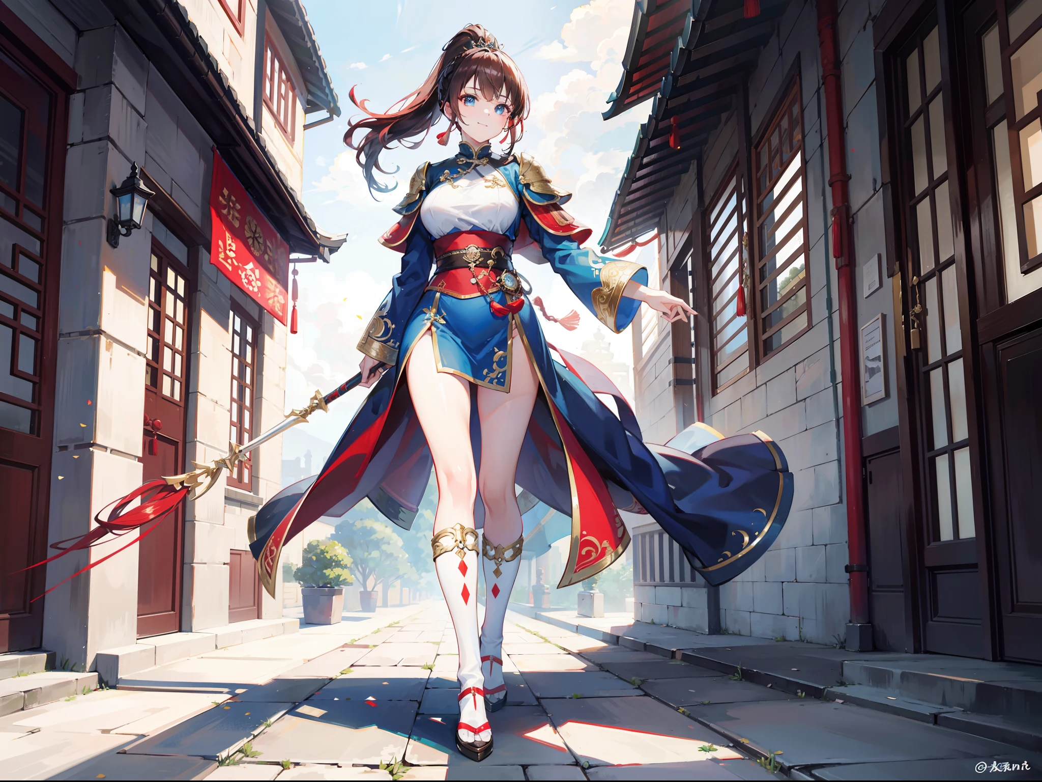 Brunette beauty,High ponytail,Soaring braids,Wears a red hairpin,,Brown pupils,Wearing black underwear,Wear a long blue-blue cloak,Chinese style blue armor,white sash,white stockings,Gold crystal shoes,Holding a white and cyan spear,Military general,Extremely tall,Standing in a Chinese-style courtyard,With a big smile on your face,Full body photo,Antique theme,Extremely tall