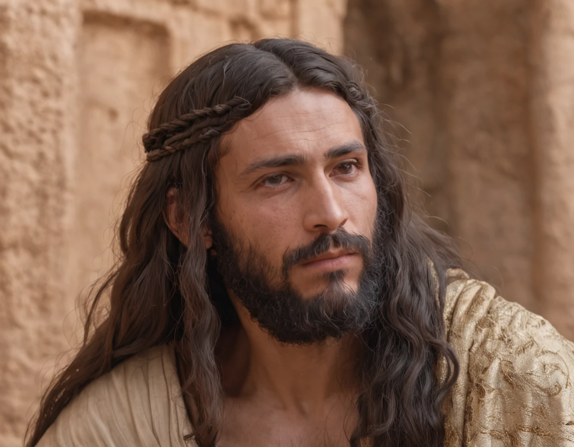 (melhor qualidade: 1.4), (Ultra Highres: 1.2), (fotorrealista: 1.4), (8k, Foto RAW: 1.2),Daniel, A young Hebrew in the period of the Babylonian captivity, had a distinctive appearance with Semitic features, pele azeitona e cabelo escuro. Vestia-se modestamente, wearing typical tunics of the time. In the historical-cultural setting of Babylon, durante o governo do rei Nabucodonosor, Realistic image