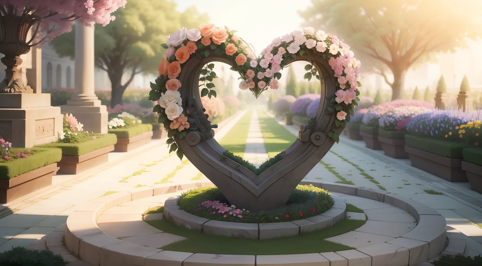 Anime picture of a heart-shaped statue in the centre of a garden of flowers, only big heart, made with marble, beautiful, joyful, magical garden crowded with plenty flowers of various kinds and sizes, colourful, many many flowers around