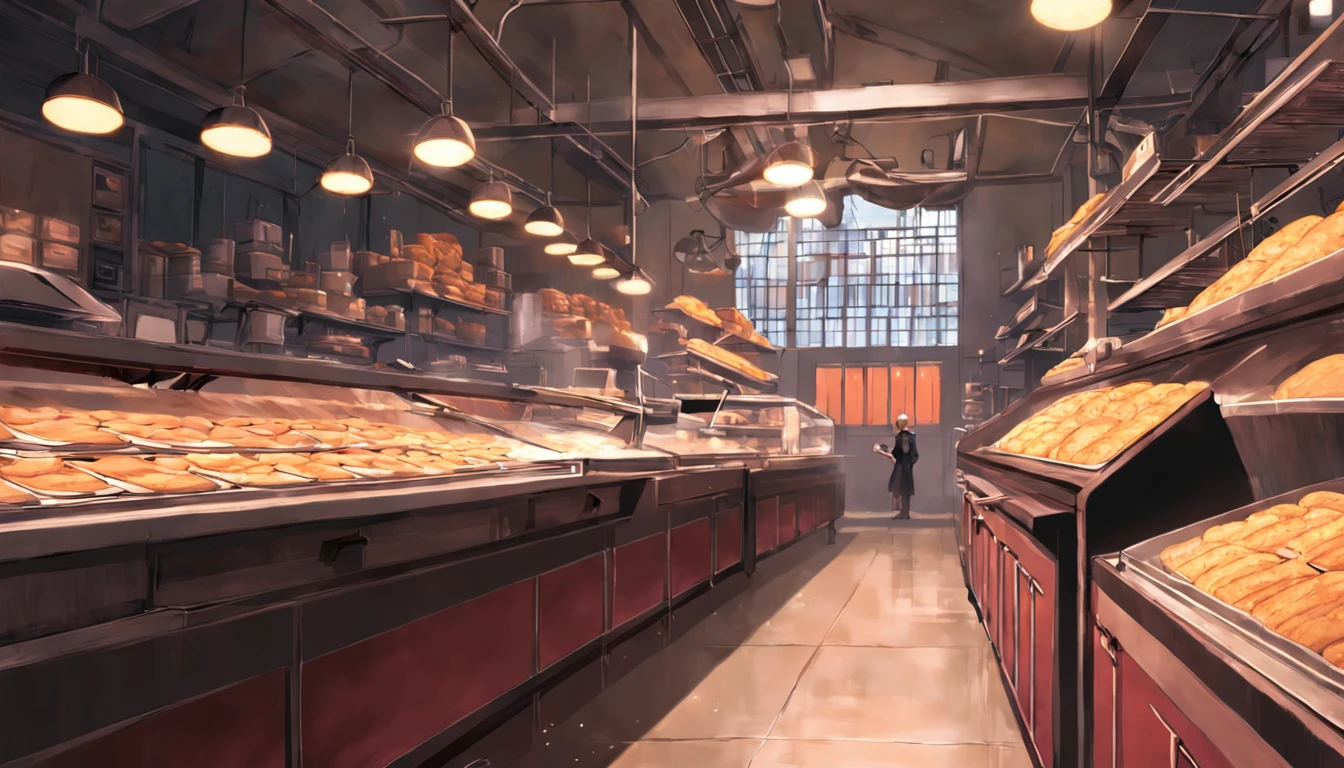 (((cake and biscuit factory))), Design brilhante, pingos de tinta, cinematic lighthing, luz superior, estilo propaganda, em perspectiva, realismo
