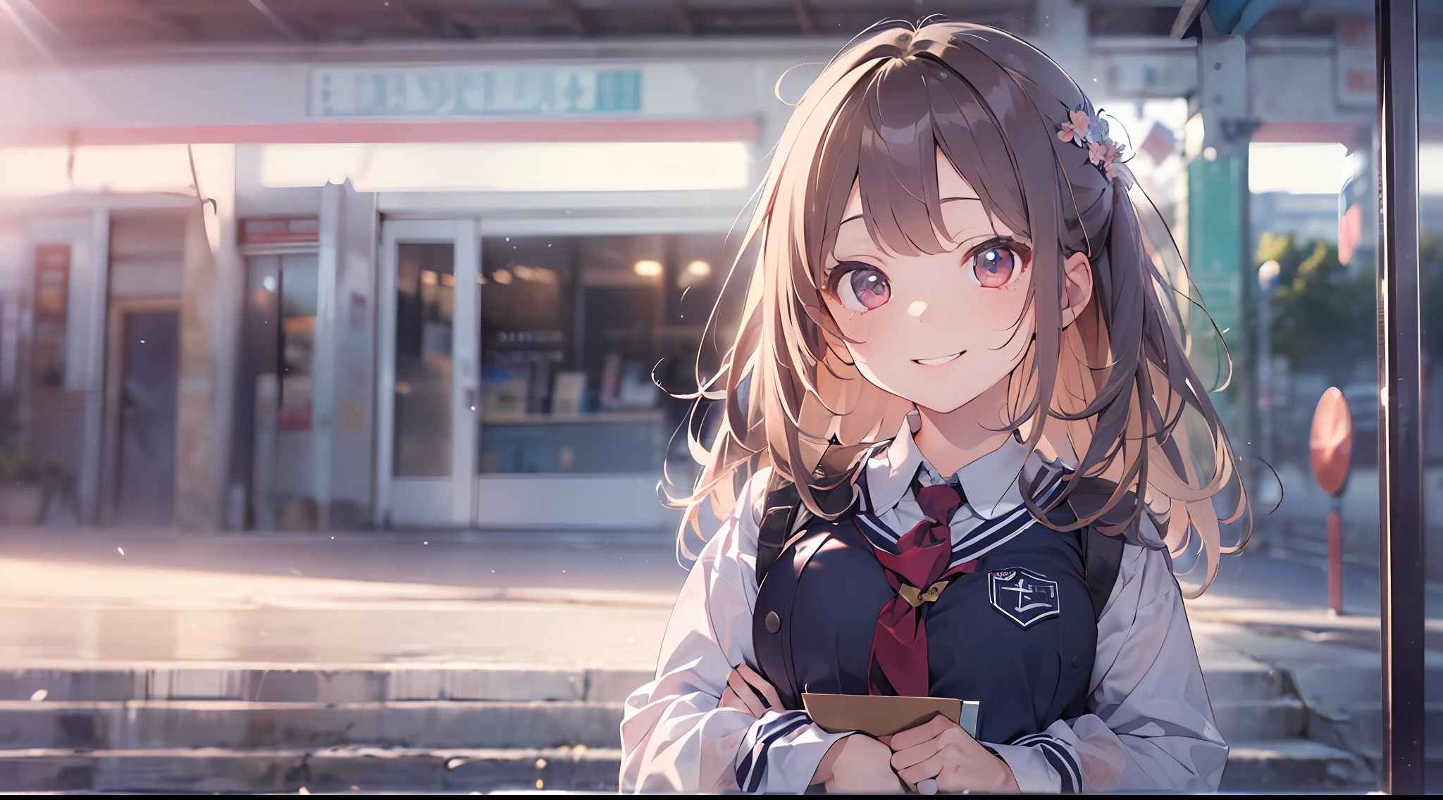 (masterpiece, best quality, ultra detail, high resolution, 8k, ultra high res, absurd resolution, absurd detailed, :1.3),, 1girl, beautiful face, smiling, (whole body:1.5), teen, translucent skin, school uniform,