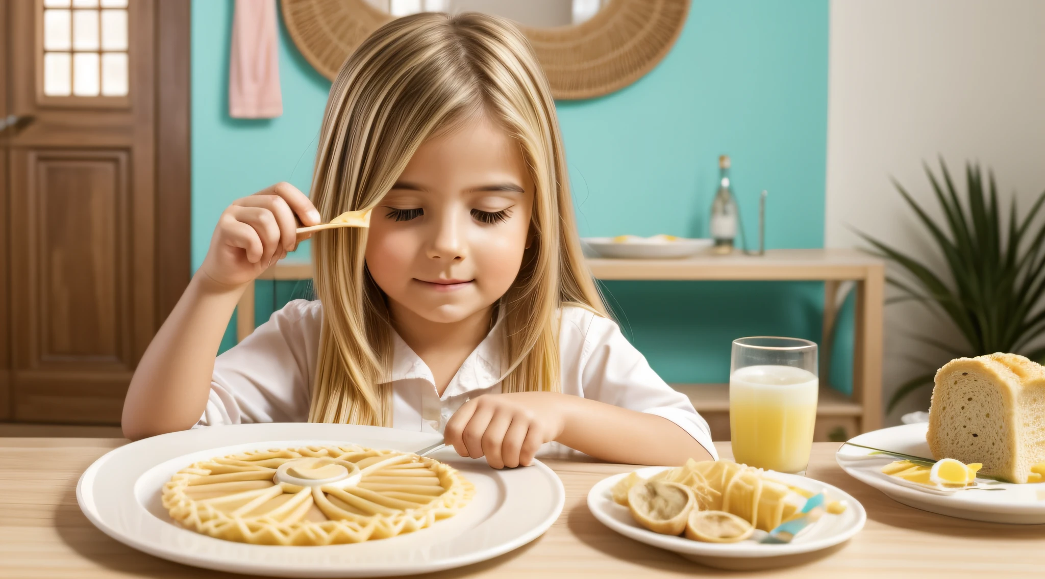 Girl Blonde Child Long Hair , There is a plate of food with bread and a drink, Pastels, Cores Pastelle, inspirado em Leo Leuppi, bolo', pastelaria, Pastelaria, cores pastel, pastel hues, Gostos, eats pasta all the time, Laszlo, pastel hues, ❤🔥🍄🌪, Pastosa, massa, para bolo, ondas de massas intrincadas