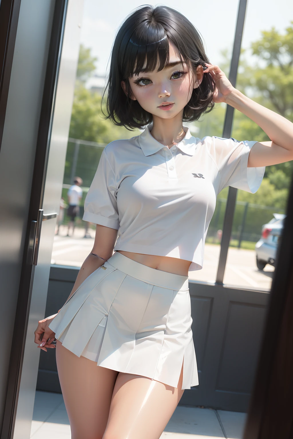 1girll, 独奏, White polo shirt, White sneakers, tennis wear, white mini-skirt, Very clear ah ,tmasterpiece, Best quality at best, ultra - detailed, (shiny skins, perspired:1.4), absurderes, looking at viewert, with short black hair, with brown eye,slenderness,Dynamic light ...