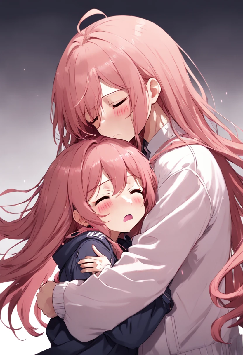 1boy, 1girl, 2girls, blush, brown_hair, closed_eyes, crying, hair_ornament, hairclip, hug, jacket, long_hair, pink_hair, sad, simple_background, tears, white_background