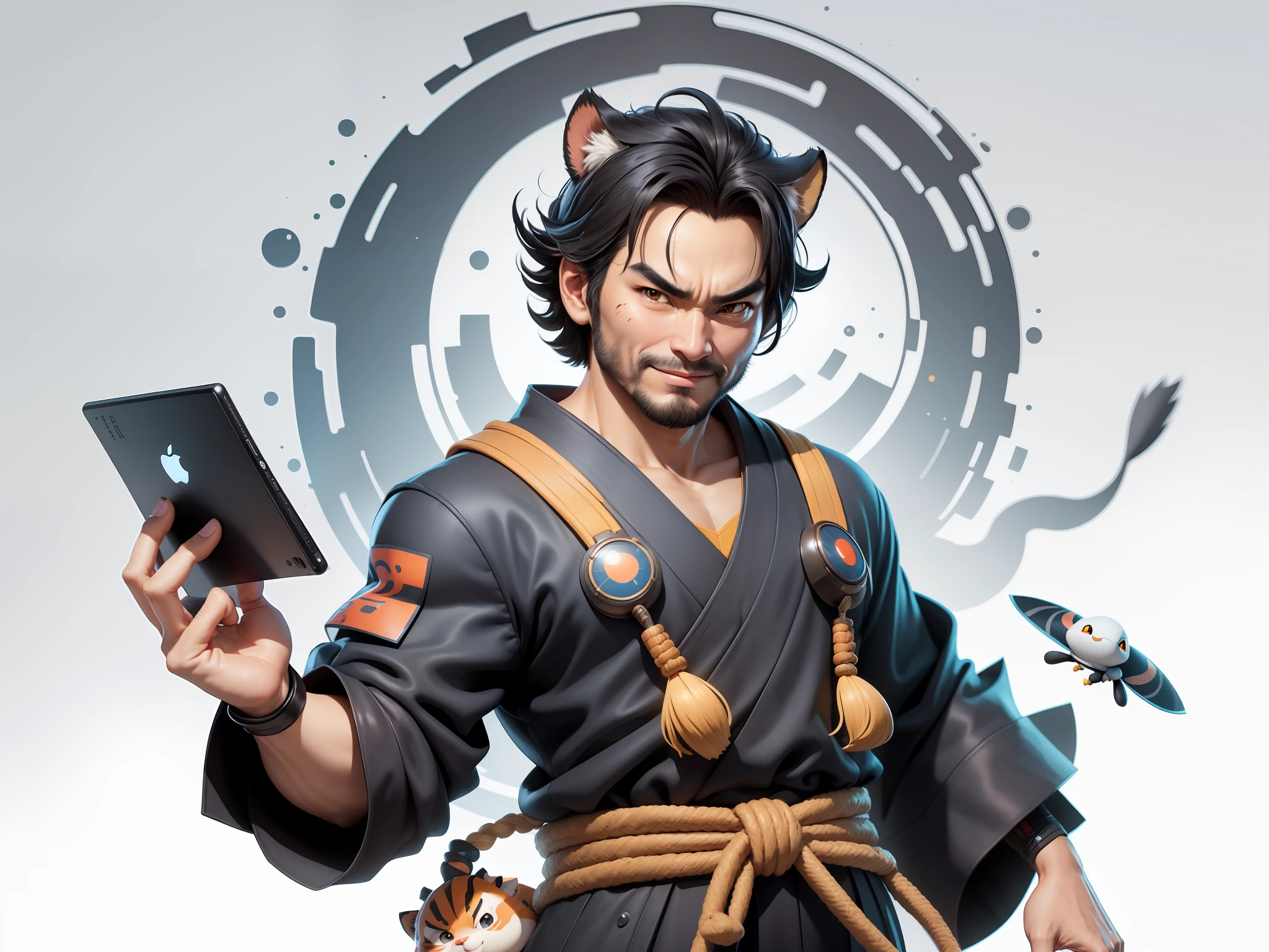 (Daisaku),(Need),(Super meticulous),(full bodyesbian:1.2),Super young man with Japanese geisha,Beautiful,orient,one tiger,Aeolian Thor,Raised sexy,爆乳,Oriental face,TV Anchor,Bust portrait illustration,In black suit,a blue tie,The face is slightly chubby,The face was clean,without a beard,Black super short hair,Black eyes,Smile confidently,3C computer sub-products,iPad, iphone,Digital painting,3D character design by Mark Clairen and Pixar and Hayao Miyazaki and Akira Toriyama,The illustration is a high-definition illustration in 4K resolution,With very detailed facial features and cartoon-style visuals。