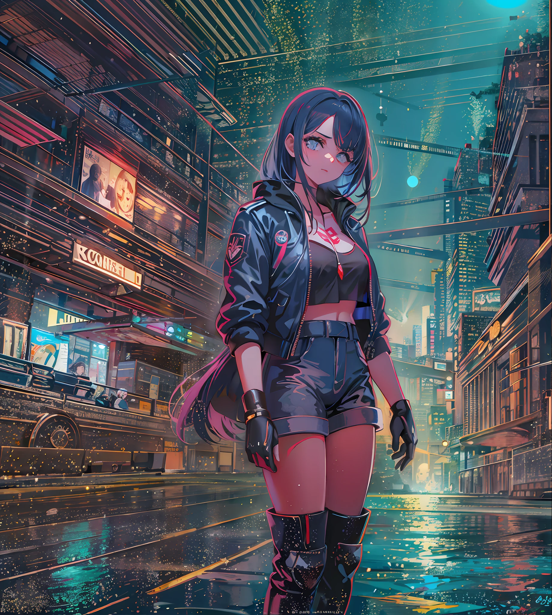 Noite, Fundo colorido da cidade cyberpunk, chuva, Rua , alpha, eminence in shadow,1menina, seios, recorte de decote, recorte de roupa, crop top, sombra, presas, gradient hair, cabelo grisalho, hair rings, jaqueta, olhando para o espectador, maquiagem, umbigo, boca aberta, sombra vermelha, camisa, shorts, sem mangas, sleeveless turtleneck, manga top de colheita de gola alta, seios pequenos, solo, stomach, gola alta, topo de colheita de gola alta, cabelo de dois tons,olhos vermelhor, olhos brilhantes, Meias pretas, retroiluminado, brilhar, Surveying the audience, Low angle lens, olhando para cima lente, perfect composition, delicadeza perfeita de luz e sombra, 8k,1girl,cabelos longos,somente_Arms,ao ar livre,Nosso,Luz_sorrir