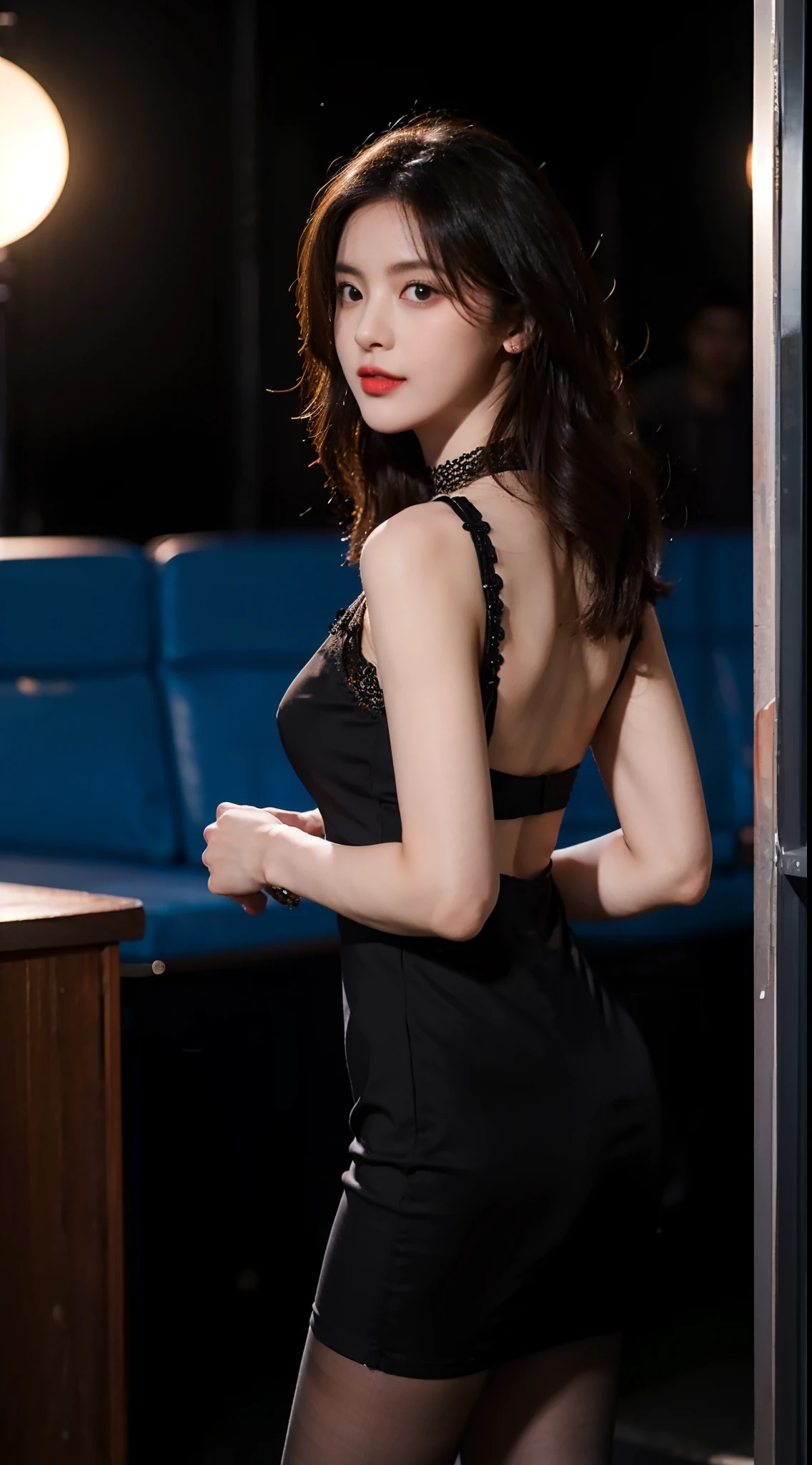 8K,tmasterpiece,RAW photos,best qualtiy,the detail:1.2),realisticlying,Very detailed CG unifies 8K,8K,Diamonds and wallpapers,depth of fields,cinematric light,Lens flash,Ray traching,(Very beautiful face,beautifullips,beautidful eyes),intricate detail face,((Hyper detailed skin))1girll,Korean female model,in the darkness nigth,deepshadow,Pretty Korean girl,Kpop idol,(Very slim and slender muscular body:1.3),(View the audience),(Tight miniskirt),(black color dress),(Injection sleeve),(City Night,(neon lights sign),(the night),Pretty Korean girl,耳Nipple Ring,bangle,choker necklace,lacepantyhose,Clear eyes,Walk,(paleskin),Face forward,(largeeyes),((full body shot shot)),Wear black 10D jumpsuits,tightly dress,Silk dress,Lace-up dress,see through dresses,Turn Back,back shots,Very slim,slander,slander