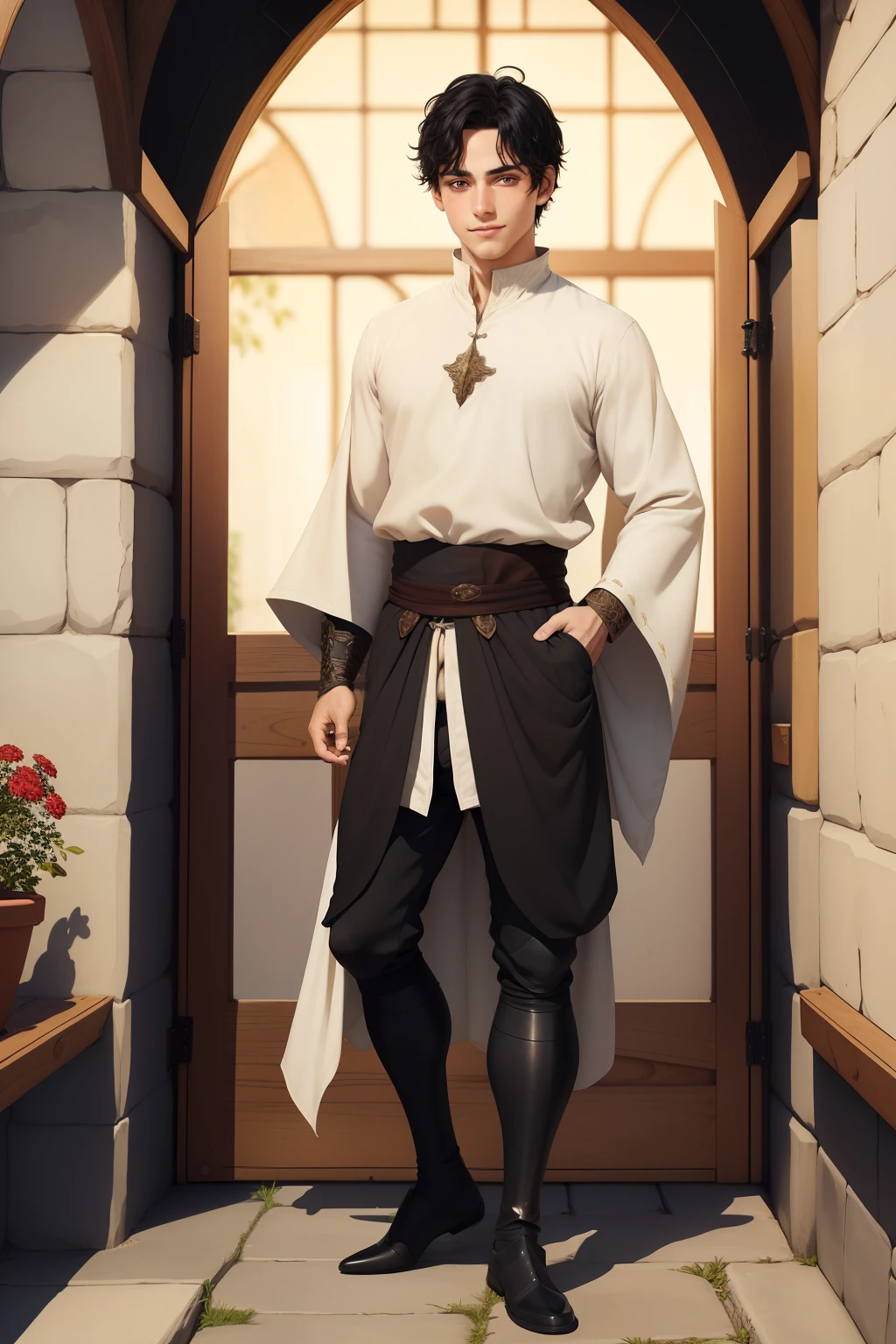 (1male, short black hair, gentle eyes), ((plain commoner clothes)), (fantasy, medieval), ((detailed face, full body)), adorable, cute, gentle smile, innocent, pale skin with rosy cheeks