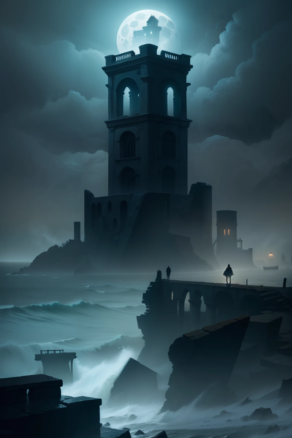 "Eldritch Horror": A coastal town under the moonlight, shrouded in mist and surrounded by turbulent tides, reveals ancient ruins and unnameable creatures emerging from the depths.