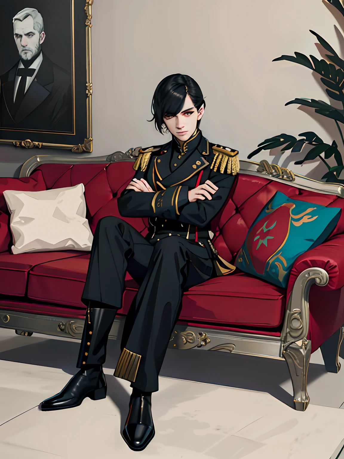(mais alta res, distinct_image), Dishonored 2, Extreme, Masterpiece, alto detalhe, semi-realista, cabelo preto longo, solo, 18 anos, jovem, alto e forte, uniforme vermelho e branco, Slacks, botas militares planas, uniforme militar, escola militar, confiante, graves, frio, orgulhoso, estudo, sofa, sitting on couch, folded arms, misterioso, desdenhoso, frio
