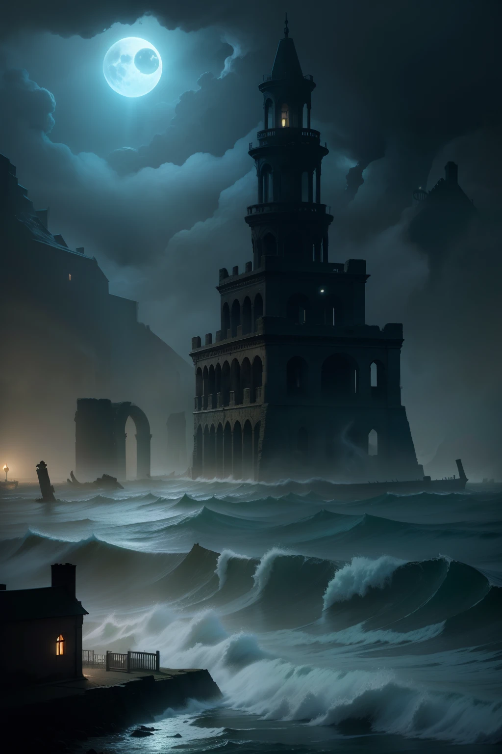 "Eldritch Horror": A coastal town under the moonlight, shrouded in mist and surrounded by turbulent tides, reveals ancient ruins and unnameable creatures emerging from the depths.