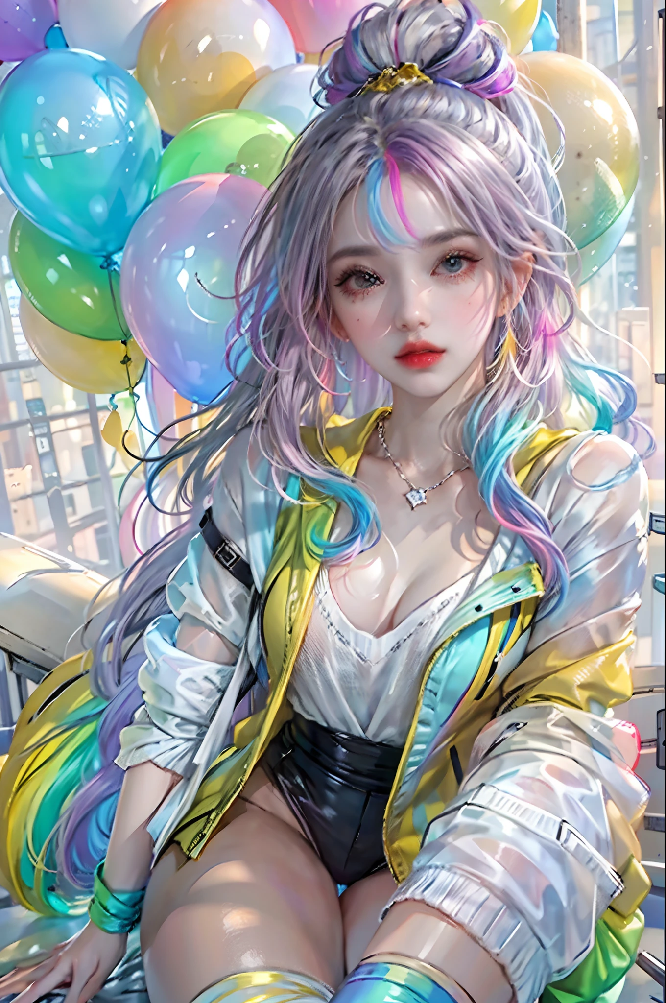masterpiece, best quality, 1 girl, pretty and cute, (rainbow color Highlight Hair,colorful hair:1.4), wearing blue and purple sunglasses, yellow jacket with white pattern, white sweater, many colored balloons, doll face, ponytail braid, perfect detail eyes, delicate face, perfect cg, HD quality, colored balloons, sky ,black boots