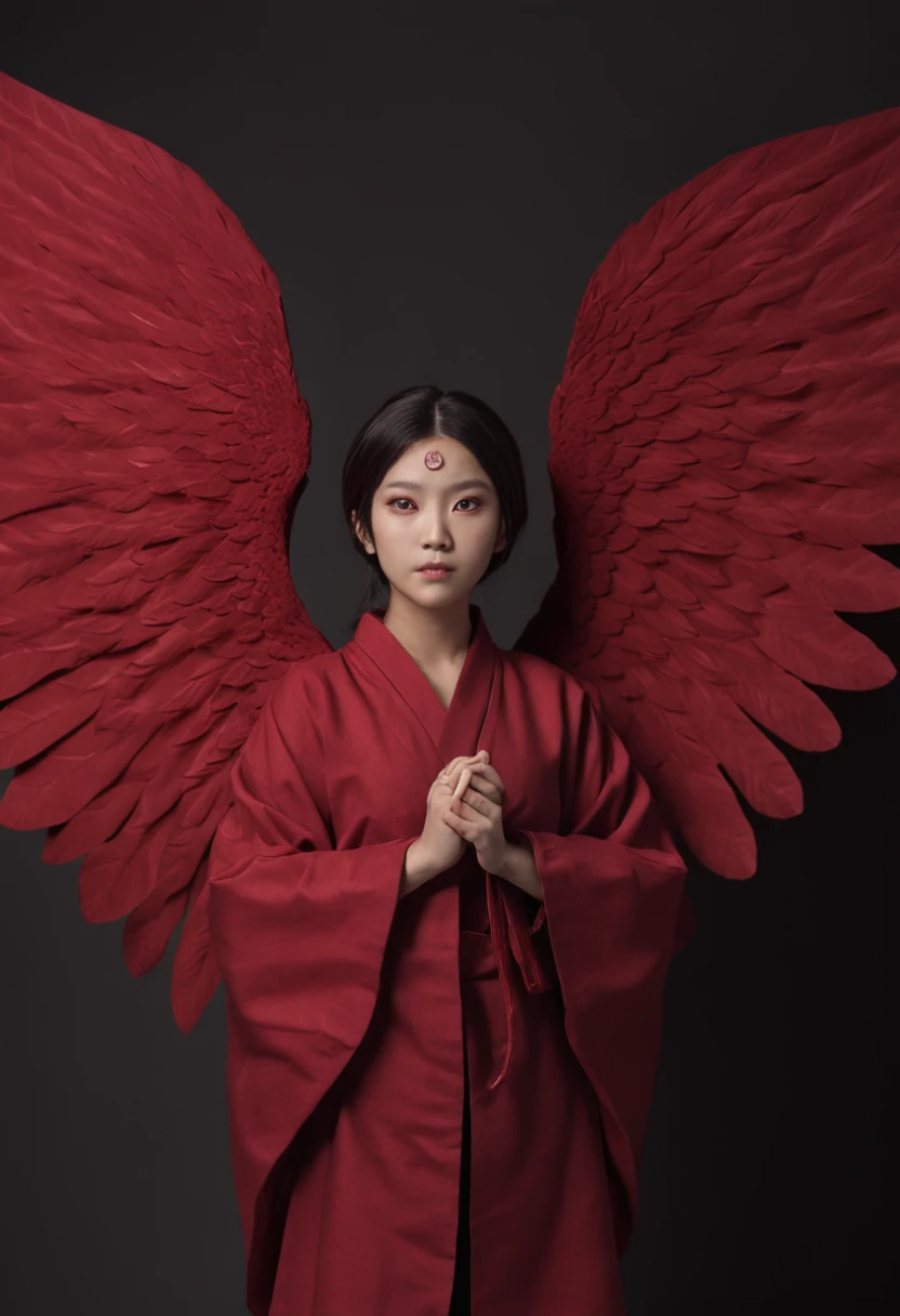 Portrait of Naruto Konan,Wings made of huge pieces of paper,Red cloud robe on black background,Red, shiny chakra eyes,