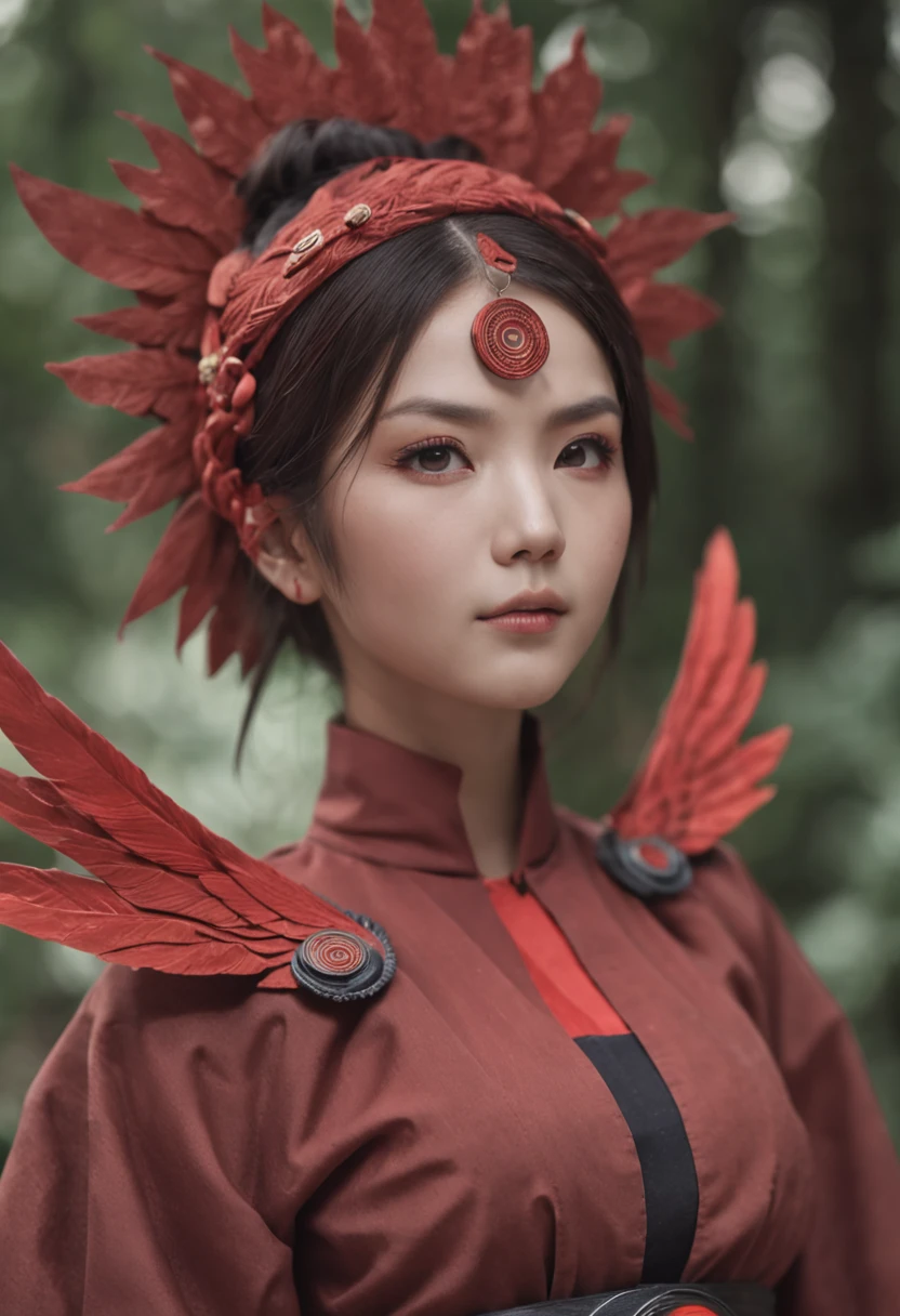 Portrait of Naruto Konan,Wings made of huge pieces of paper,Red cloud robe on black background,Red, shiny chakra eyes,