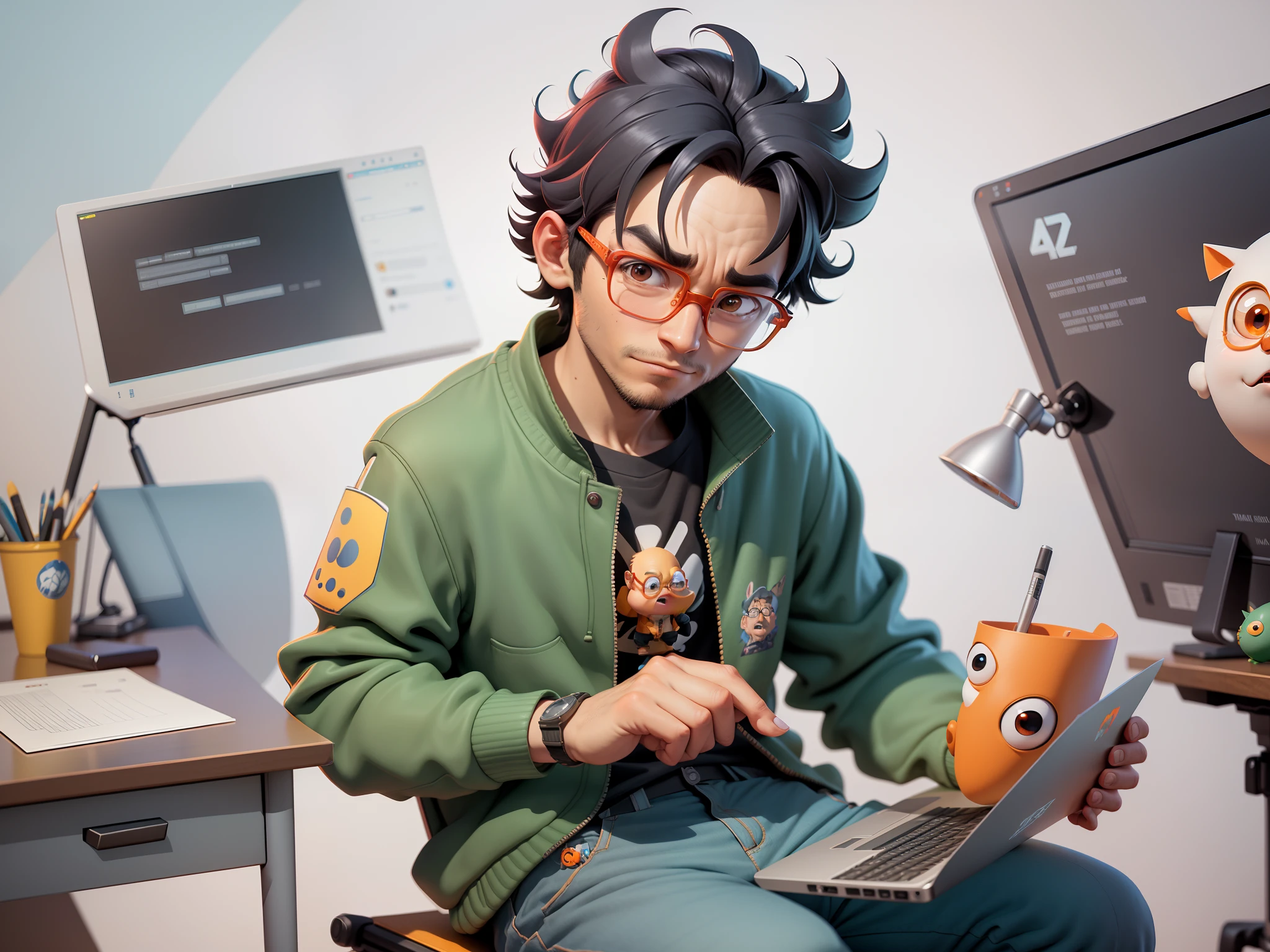A young man with glasses sits at his desk,holding laptop,digitial painting,3D character design by Mark Clairen and Pixar and Hayao Miyazaki and Akira Toriyama,4K HD illustration,Very detailed facial features and cartoon-style visuals。