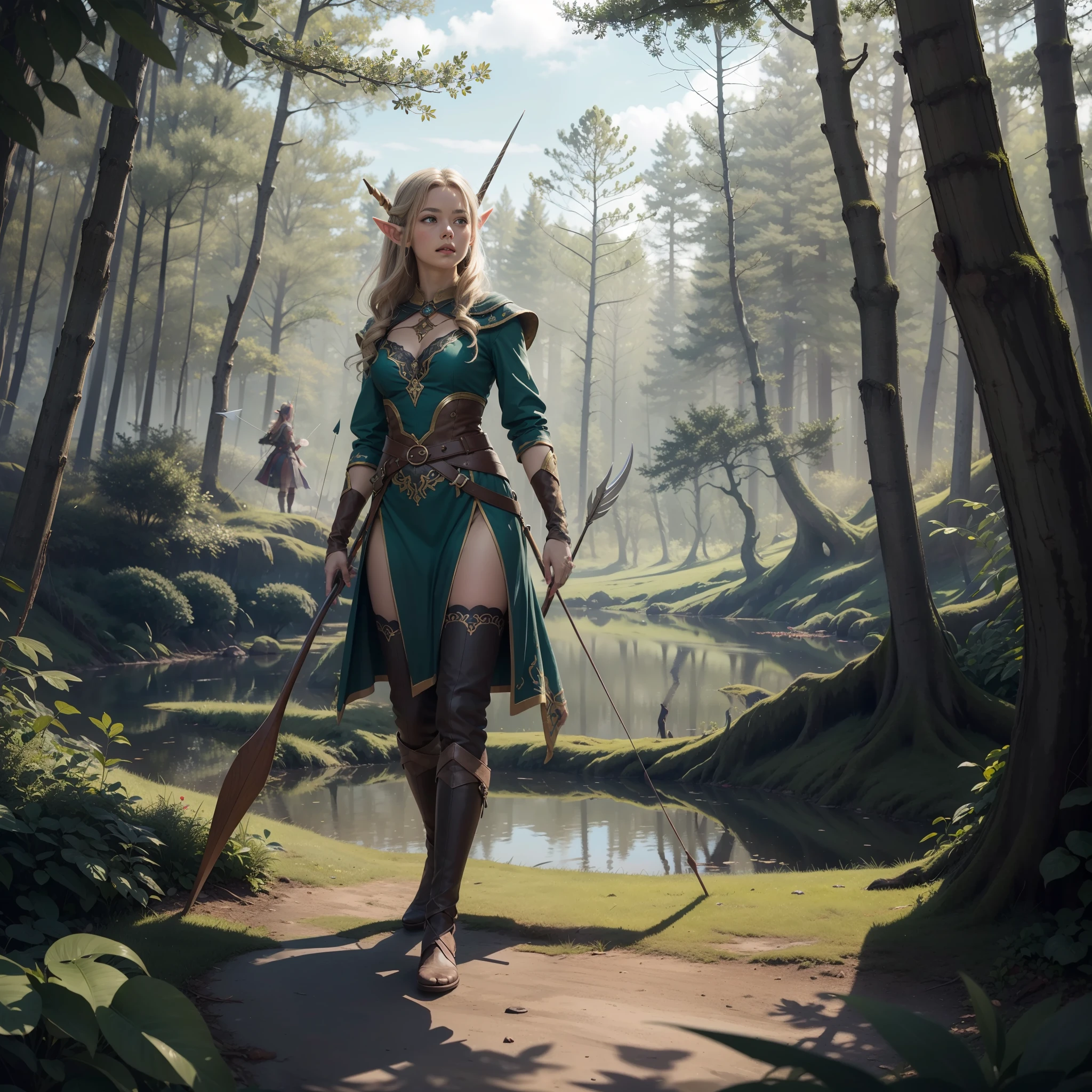 (best quality,highres:1.2),ultra-detailed,photorealistic:1.37,portrait,hdr,ethereal lighting, [elves], [orcs], [forest], [battle], [magical], [epic], [weapons], [armor], [intense expression], [agility], [strength], [sharp senses], [determined], [elven beauty], [orcish strength], [fierce], [flying arrows], [sword clash], [dramatic poses], [mystical background], [fantasy], [intense rivalry], [artistic composition], [vivid colors], [mythical creatures], [powerful], [detailed hair], [enchanted landscape], [fantasy world], [action packed], [captivating], [ancient ruins], [reflections], [heroines], [adventure]