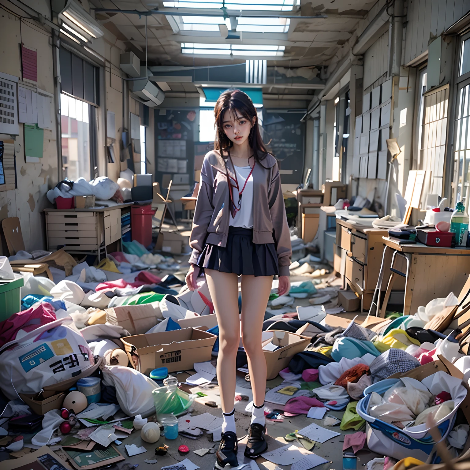 Standing in an abandoned classroom,legs are open,Garbage all over the ground,grimy, urinating, junk, tmasterpiece, Best quality at best, highly detailed,Small pink bikini,cropped shoulders,revealing the lower abdomen,revealing breasts,Leaking the genitals,showing butt,scruffy,Abandoned,Naked body,of a shirtless,Masterpiece,best qualtiy,A Korean beauty,Extreme image quality