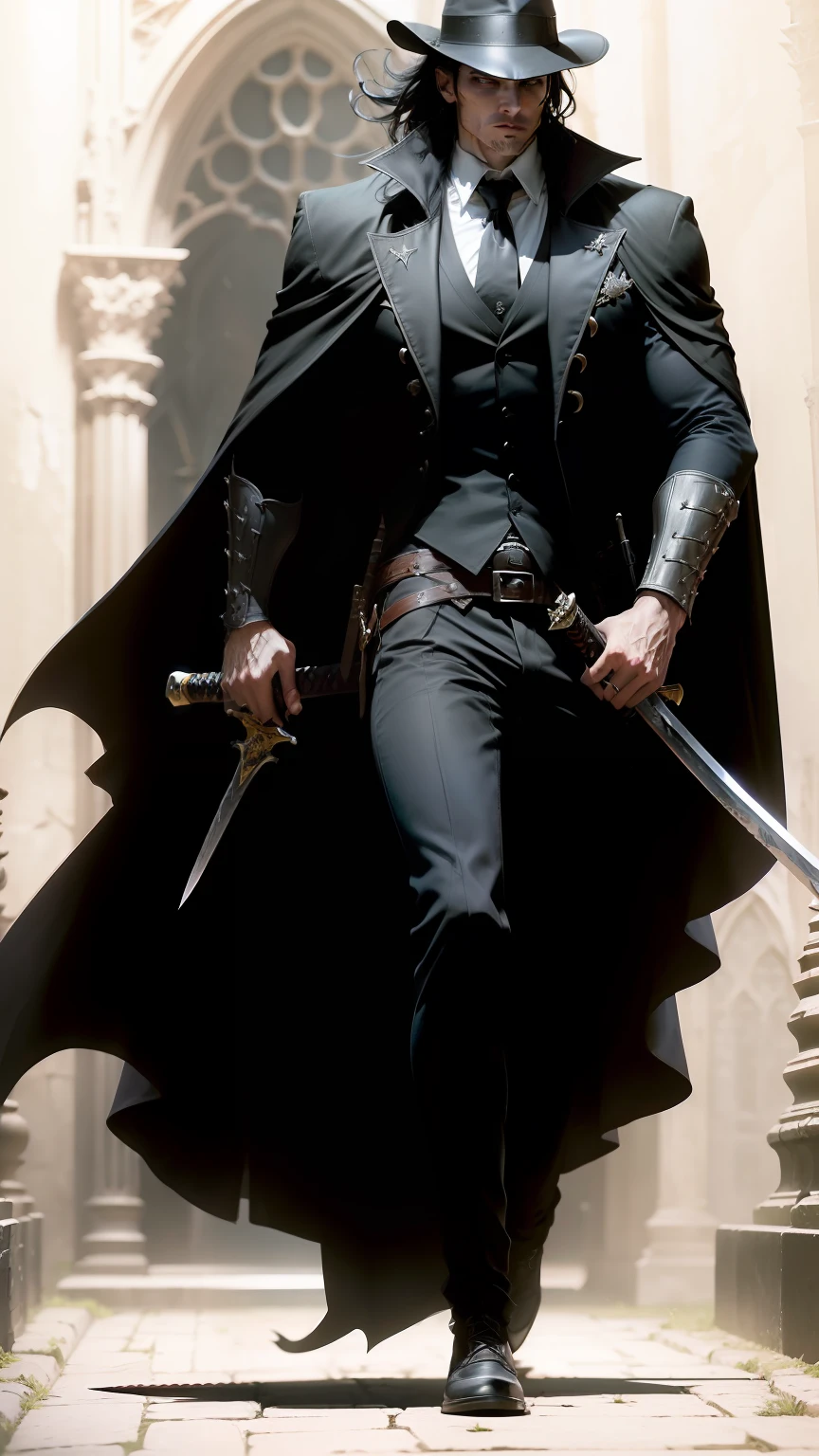 In a hauntingly lit Gothic Cathedral, dynamic combat pose, Gothic style, atmospheric, vampire hunter, in a Gothic Cathedral, ((slim athletic build)), ((hat)) ,((carrying a (full length) long sword, katana)) , handsome face, (dark, moody lighting)