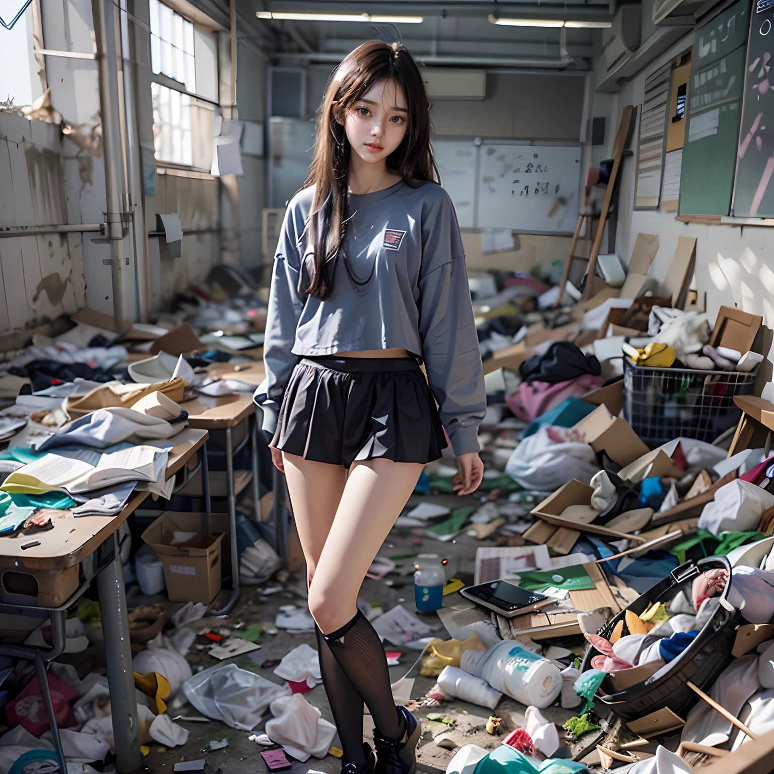 Abandoned classrooms，Garbage all over the ground，Beautiful Korean girl at 18 years old，Very beautiful body，very beautiful long slim legs，The whole body is randomly naked and beautiful body，exhibitionists，Random exposure of genitals
