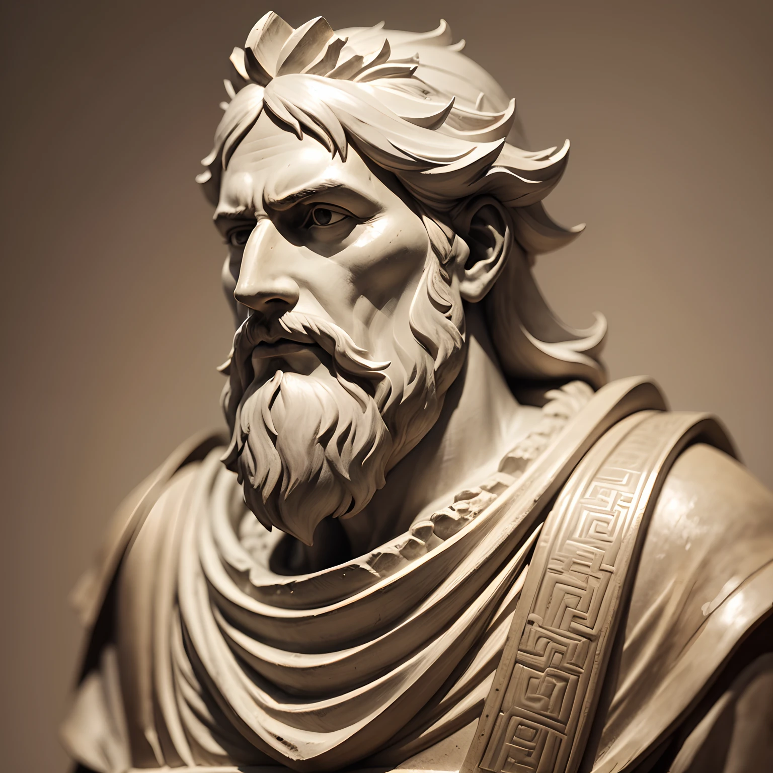 Photograph of the face of a man profile philosopher of ancient Greece, Barba longa ((barba branca)), Cabelos longos ((cabelos brancos)), cicatriz no olho. Olhos castanhos claros. Maximum quality, pele parda clara, rugas na testa. Poros detalhados. Realismo. Arte digital.8K ,"You are a skilled artist specialized in sculpting historical figures. I'm seeking a striking visual representation of Marcus Aurelius, a notable Stoic philosopher from Ancient Greece who lived around 500 years before Christ. The statue should capture the characteristic serenity and introspection of the philosopher, dressed in traditional attire from Ancient Greece dating back to 500 B.C. The pose should reflect Marcus Aurelius's philosophy and can be the one typically associated with him. To emphasize the figure, the surrounding scene should be entirely black. The sculpture will be carved from soapstone, a material you're adept at working with. Please consider crafting a facial expression that conveys wisdom and courage. I'm eagerly anticipating your artistic interpretation of this remarkable thinker."
