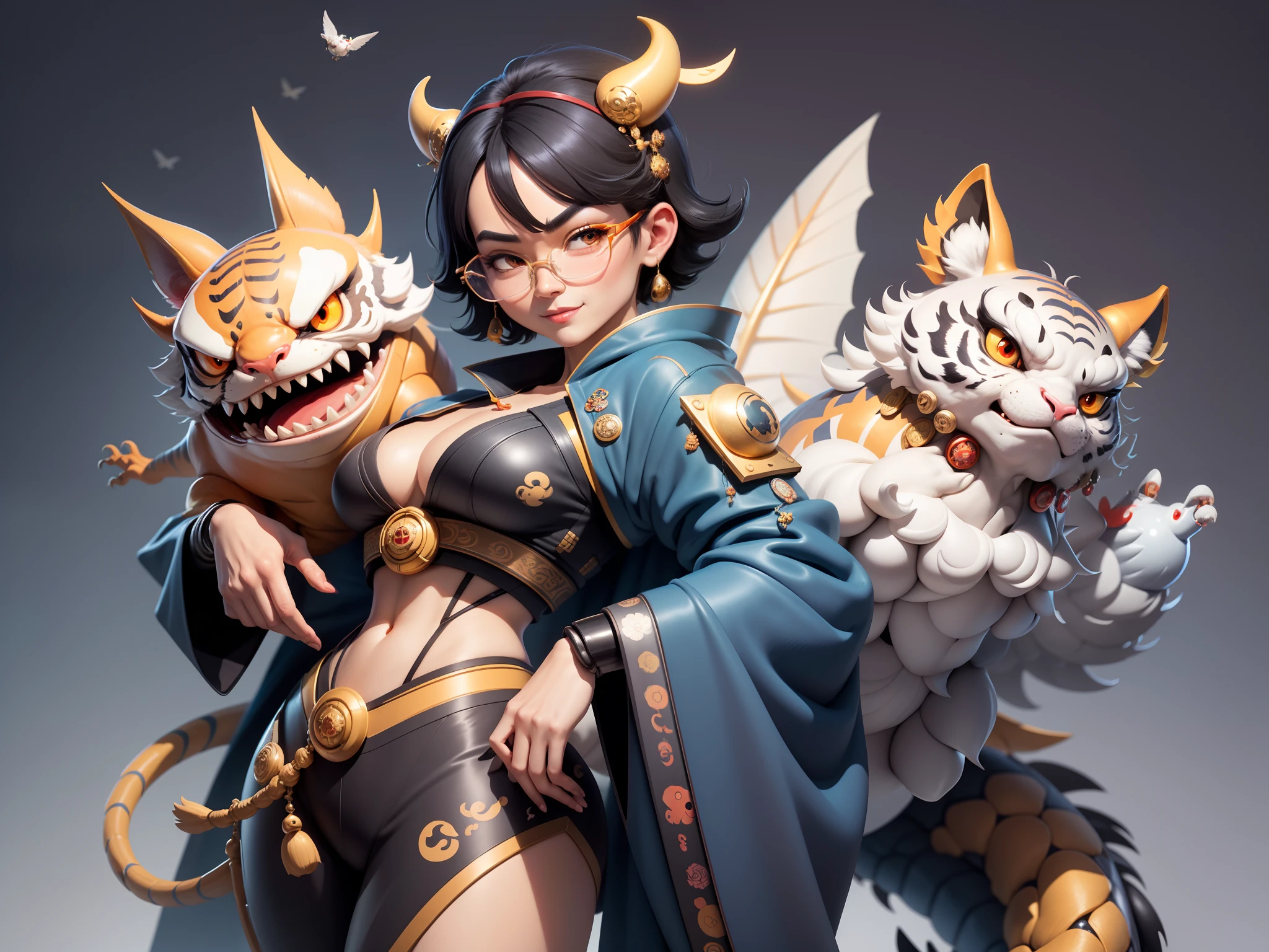 (Masterpiece), (Excellent), (Super Meticulous), (Full Body: 1.2), Super Young Man with Japanese Female Geisha, Pretty, Beautiful, Chinese Dragon, Tiger, Wind God Thor, Sexy, Bursting, Oriental Face, TV Anchor, Bust Portrait Illustration, Black Suit, Blue Tie, Slightly Chubby Face, Silver Glasses, Very Clean Face, No Beard on Chin, Black Super Short Hair, Black Eyes, Confident Smile, 3c Computer Sub-Products, iPad, iPhone, Digital Painting, 3D character design by Mark Clairedon and Pixar and Hayao Miyazaki and Akira Toriyama, the illustrations are HD illustrations in 4K resolution with highly detailed facial features and cartoon-style visuals.