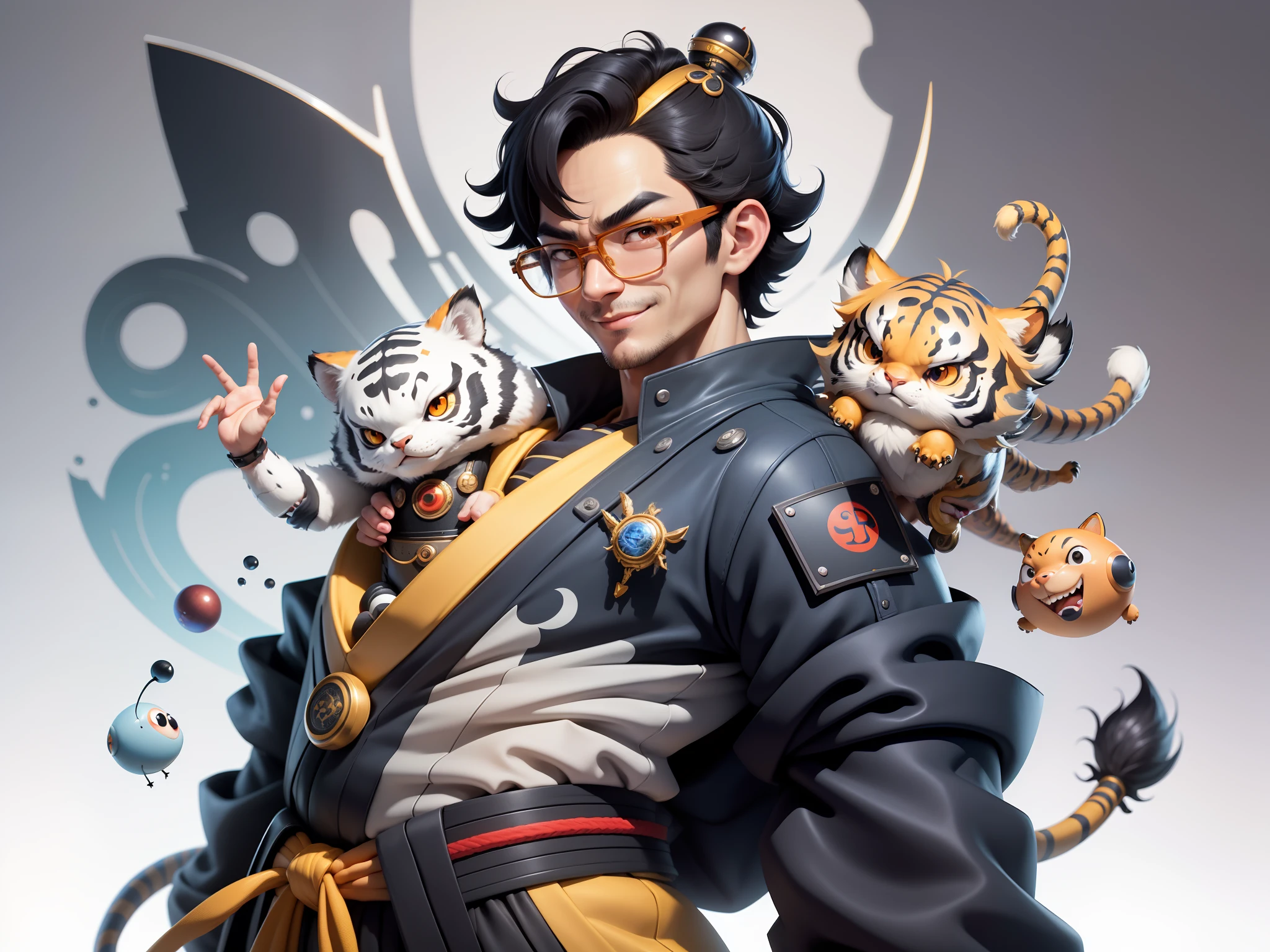 (Masterpiece), (Excellent), (Super Meticulous), (Full Body: 1.2), Super Young Man with Japanese Female Geisha, Pretty, Beautiful, Chinese Dragon, Tiger, Wind God Thor, Sexy, Bursting, Oriental Face, TV Anchor, Bust Portrait Illustration, Black Suit, Blue Tie, Slightly Chubby Face, Silver Glasses, Very Clean Face, No Beard on Chin, Black Super Short Hair, Black Eyes, Confident Smile, 3c Computer Sub-Products, iPad, iPhone, Digital Painting, 3D character design by Mark Clairedon and Pixar and Hayao Miyazaki and Akira Toriyama, the illustrations are HD illustrations in 4K resolution with highly detailed facial features and cartoon-style visuals.